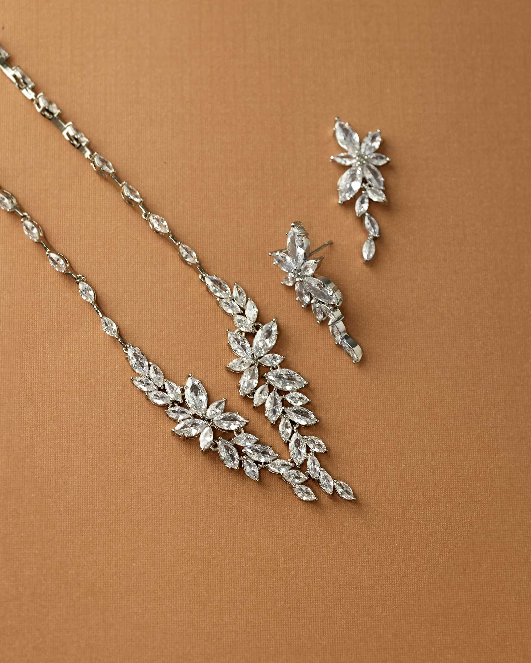Intricate CZ Leaf Bridal Necklace Set - Necklace Set - Cassandra Lynne