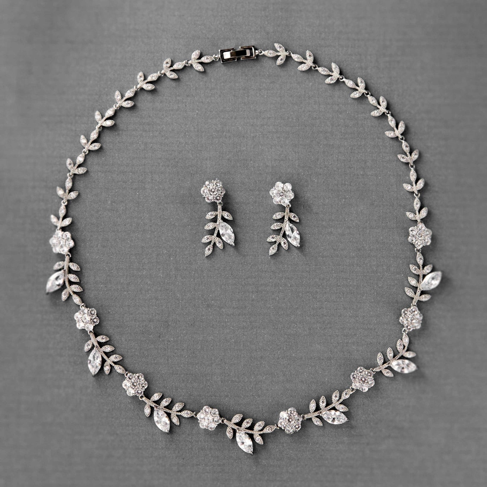 CZ Linked Flowers and Leaves Wedding Necklace - Necklace Set - Cassandra Lynne