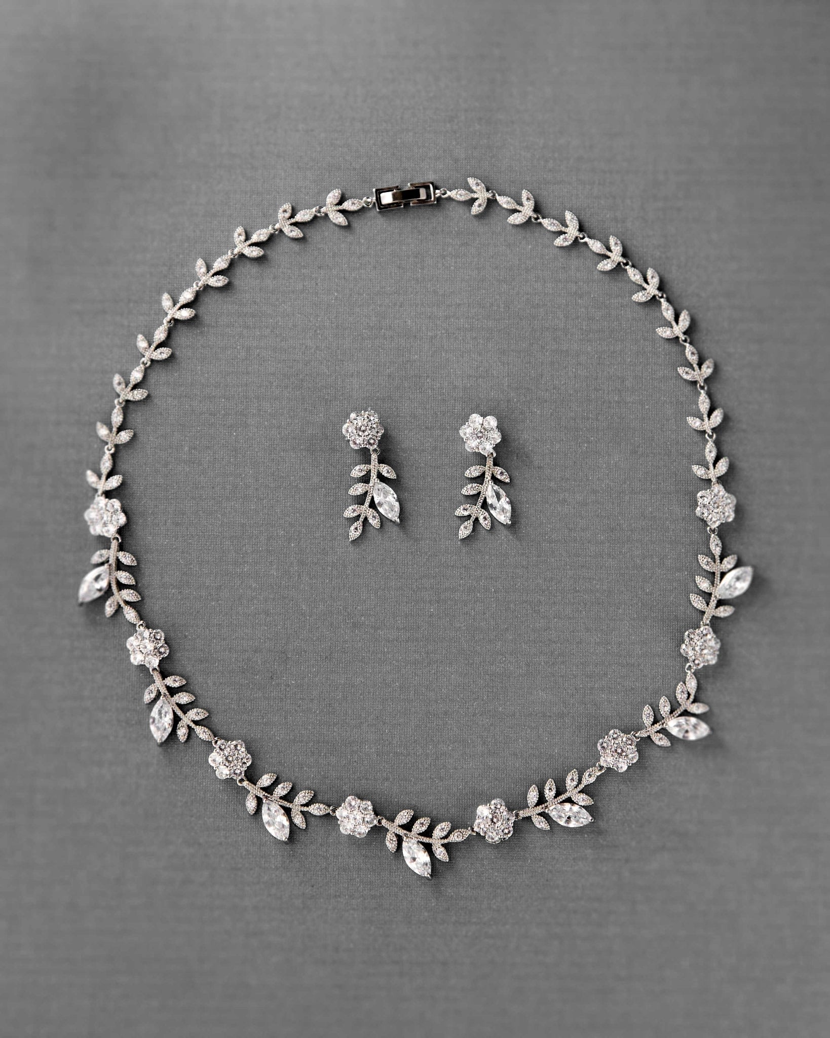 CZ Linked Flowers and Leaves Wedding Necklace - Necklace Set - Cassandra Lynne