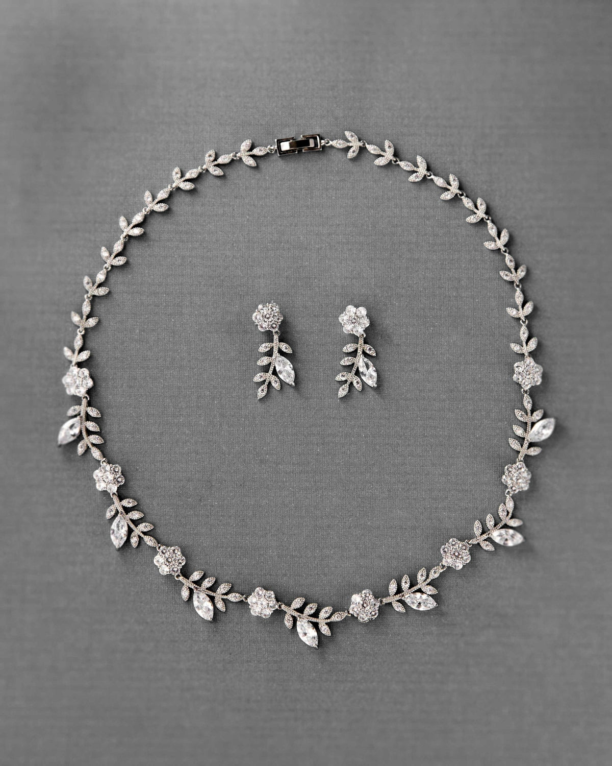 CZ Linked Flowers and Leaves Wedding Necklace - Necklace Set - Cassandra Lynne