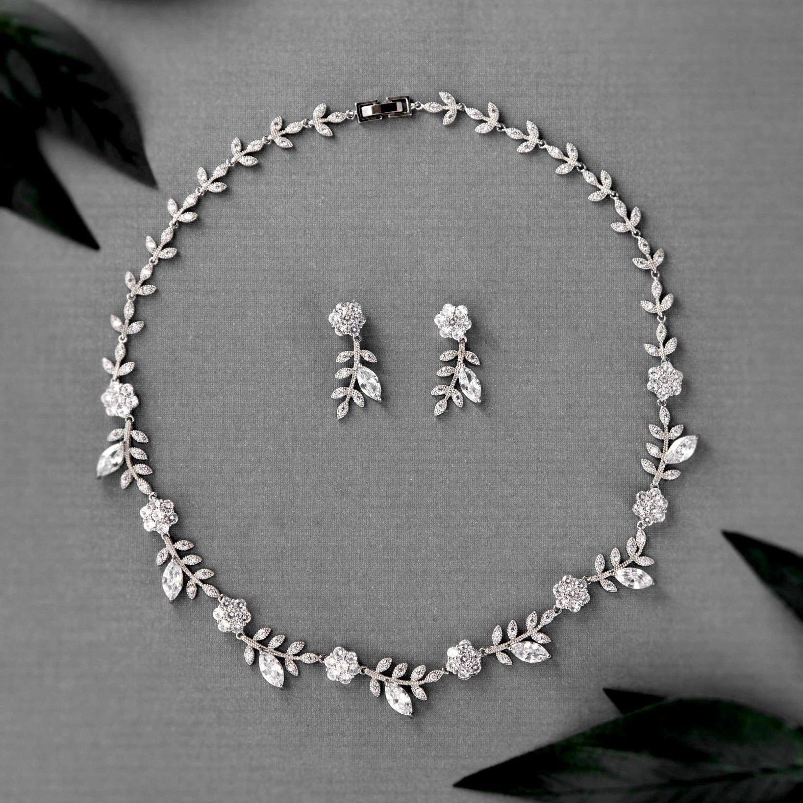 CZ Linked Flowers and Leaves Wedding Necklace - Necklace Set - Cassandra Lynne