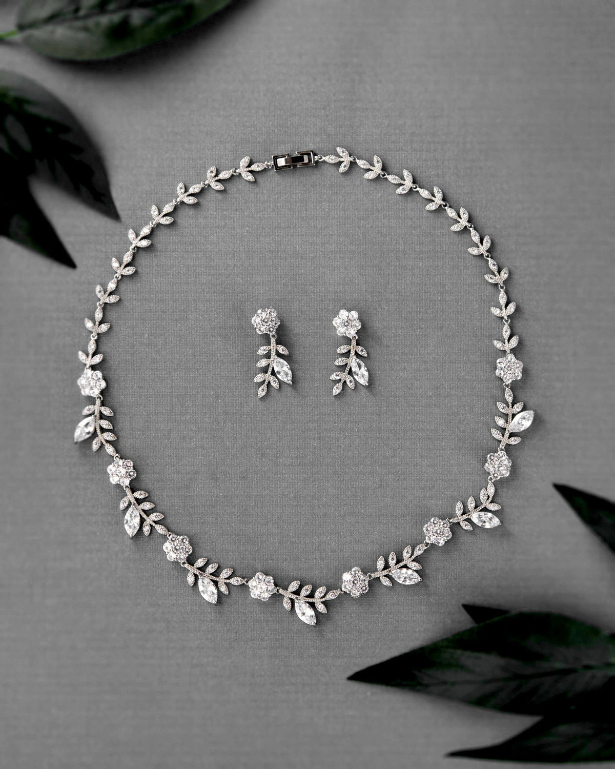 CZ Linked Flowers and Leaves Wedding Necklace - Necklace Set - Cassandra Lynne