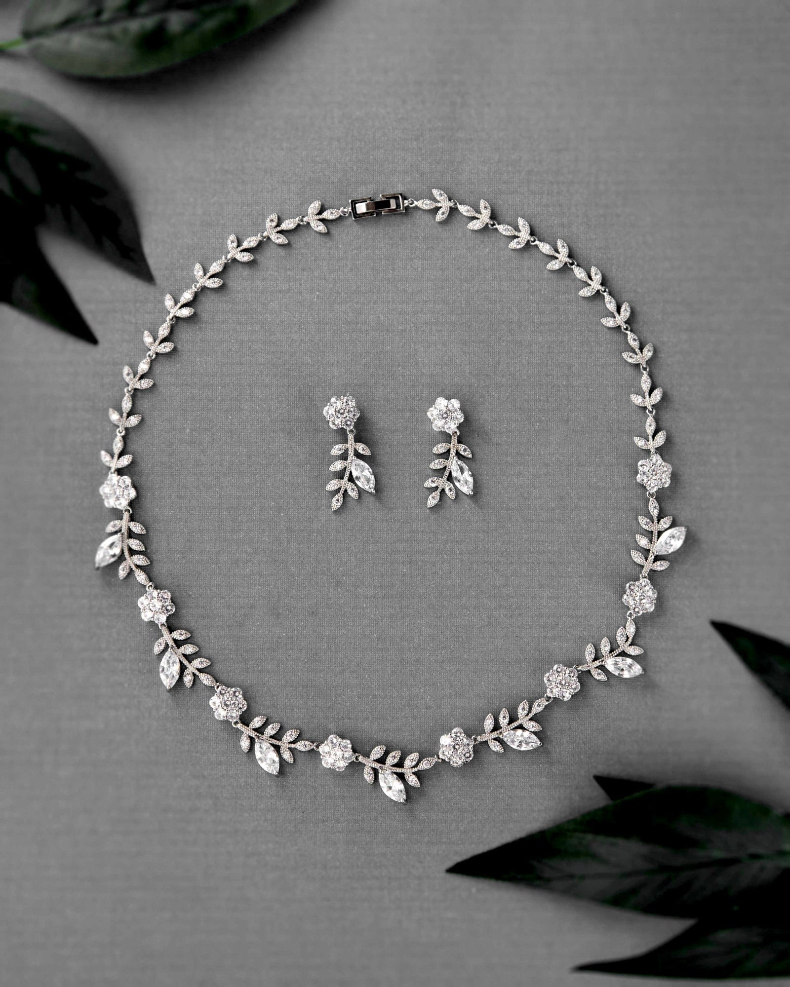 CZ Linked Flowers and Leaves Wedding Necklace - Necklace Set - Cassandra Lynne