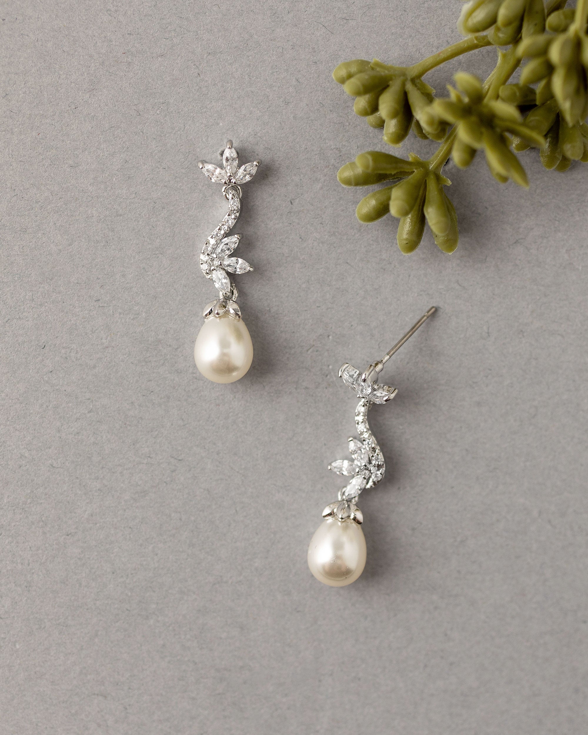 Ivory Teardrop Pearl CZ Vine Earrings Silver - Cassandra Lynne