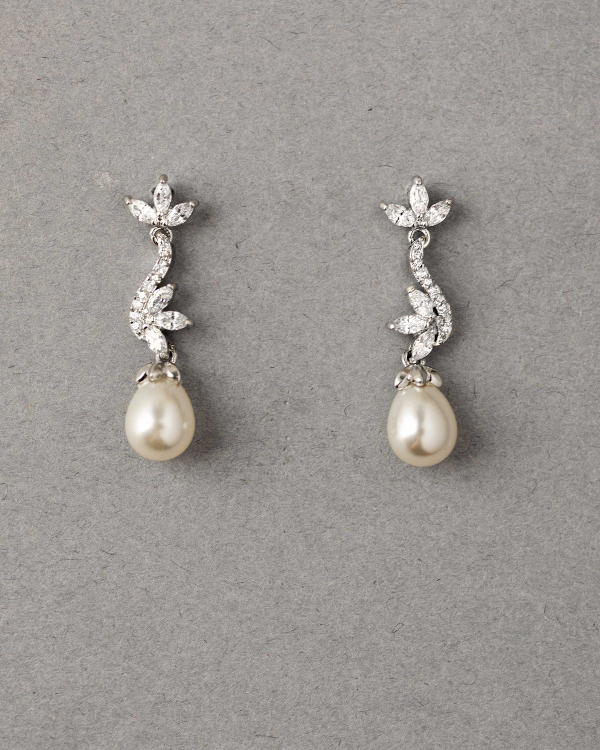 Ivory Teardrop Pearl CZ Vine Earrings Silver - Cassandra Lynne
