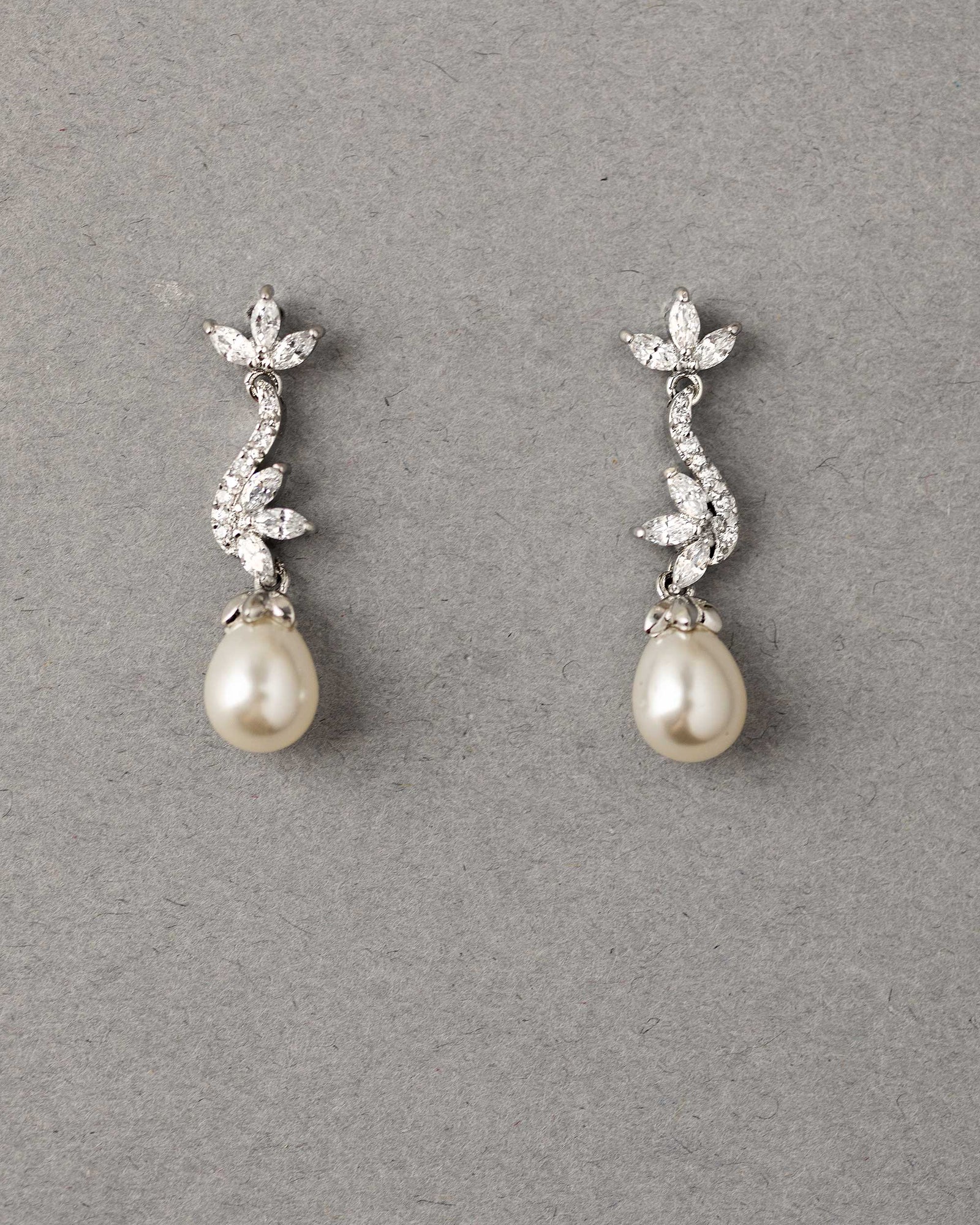 Ivory Teardrop Pearl CZ Vine Earrings Silver - Cassandra Lynne