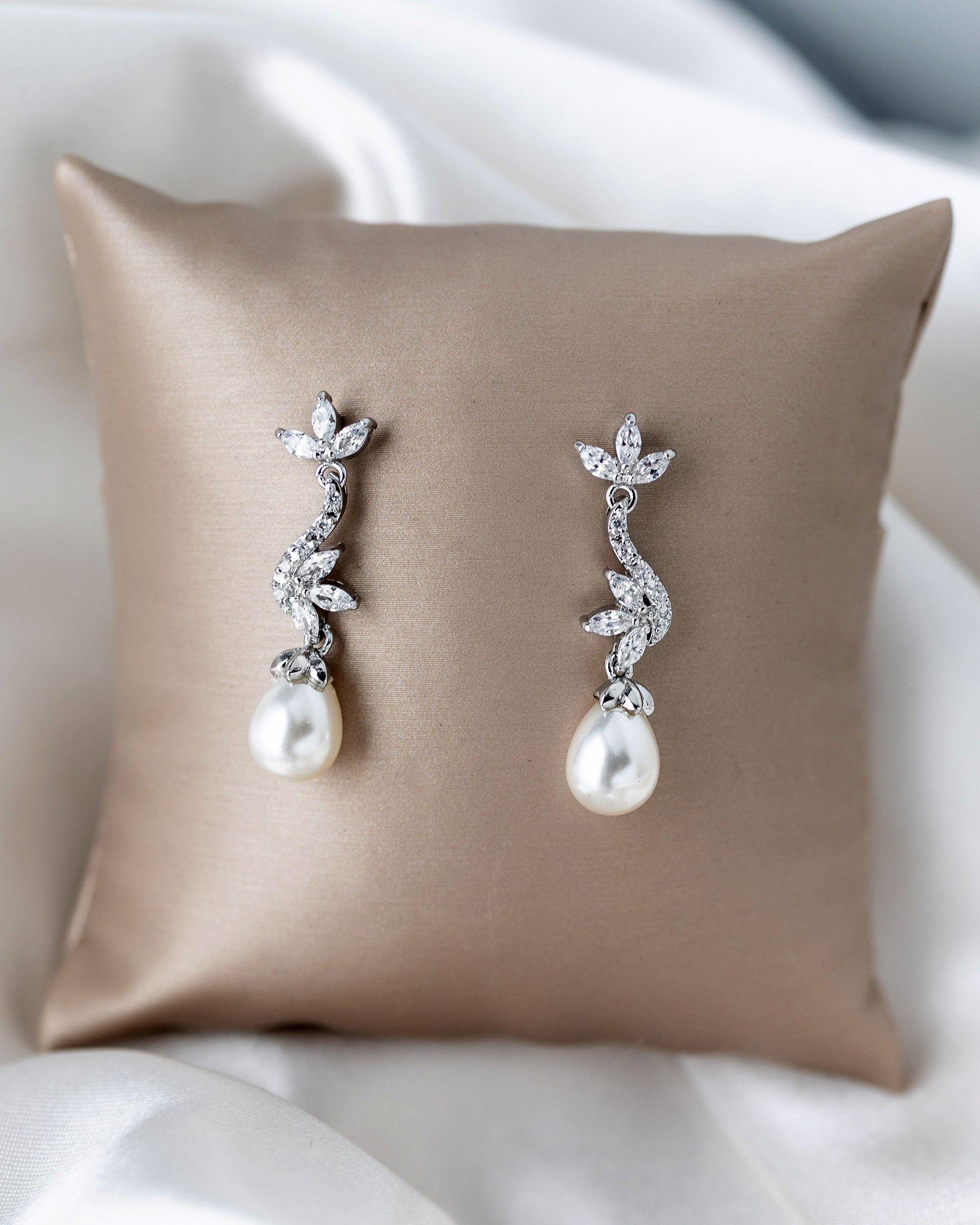 Ivory Teardrop Pearl CZ Vine Earrings Silver - Cassandra Lynne