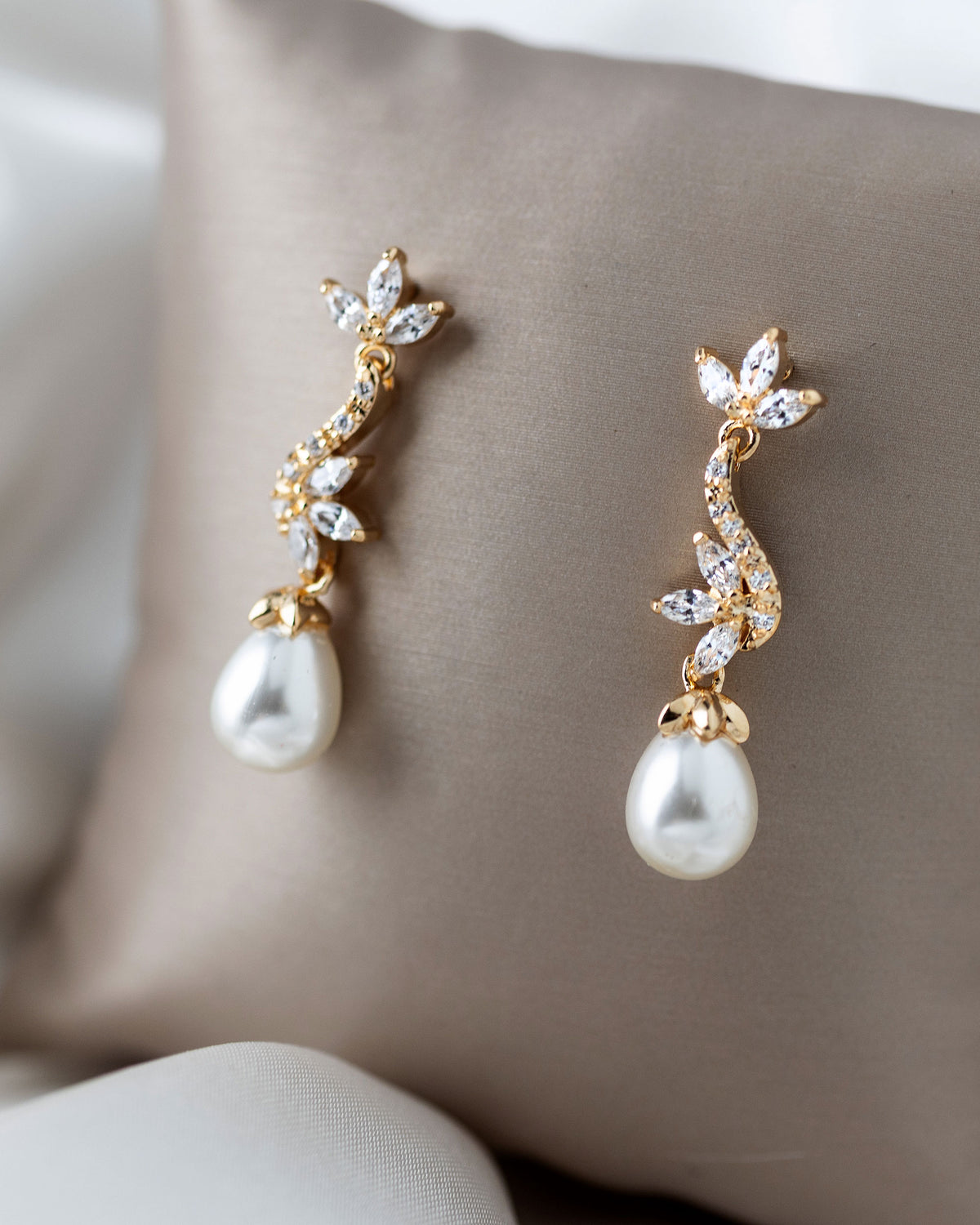 Ivory Teardrop Pearl CZ Vine Earrings Gold - Cassandra Lynne