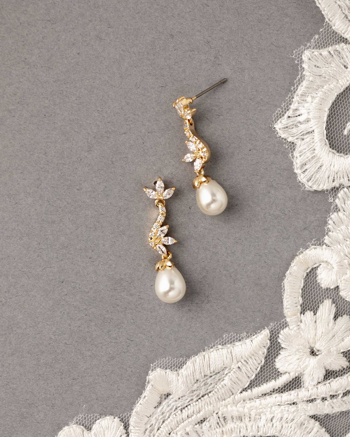 Ivory Teardrop Pearl CZ Vine Earrings Gold - Cassandra Lynne
