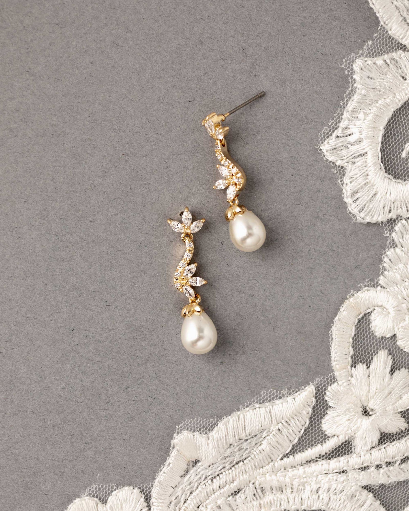 Ivory Teardrop Pearl CZ Vine Earrings Gold - Cassandra Lynne