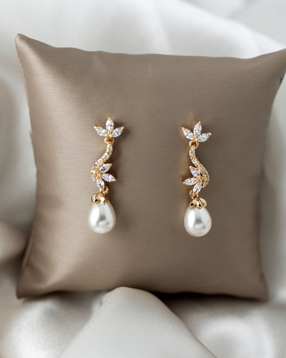Ivory Teardrop Pearl CZ Vine Earrings Gold - Cassandra Lynne