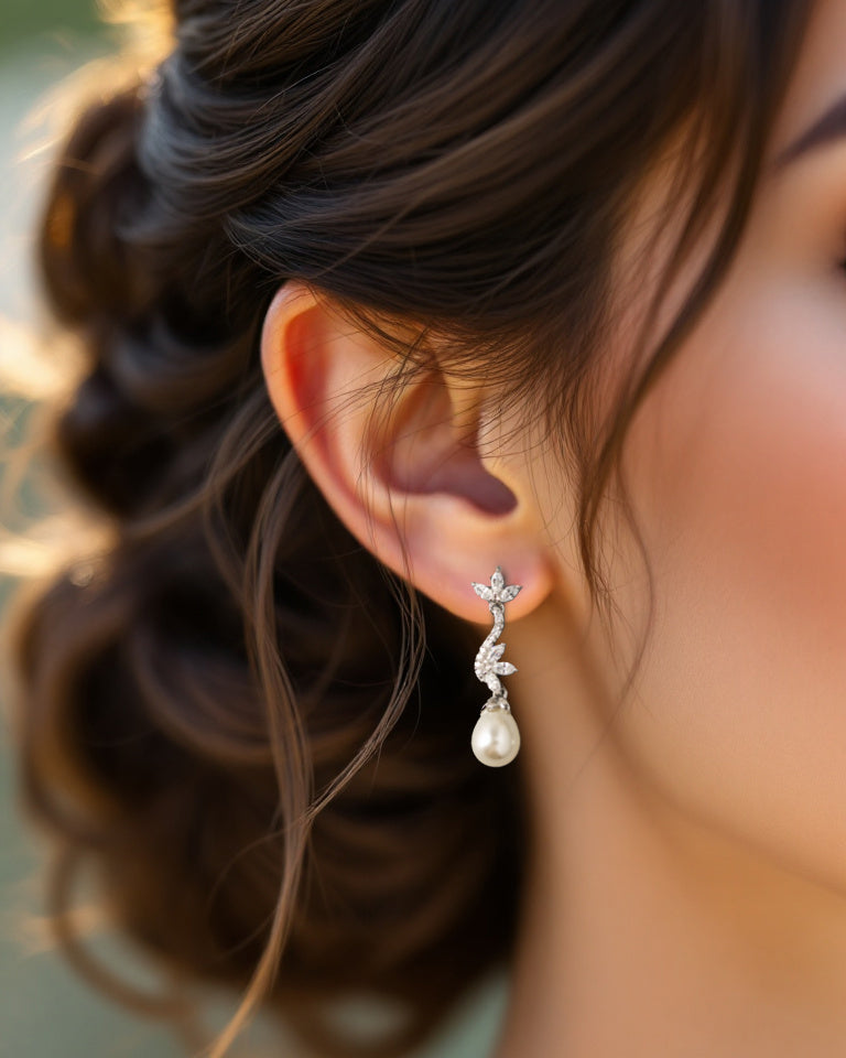 Ivory Teardrop Pearl CZ Vine Earrings Silver - Cassandra Lynne