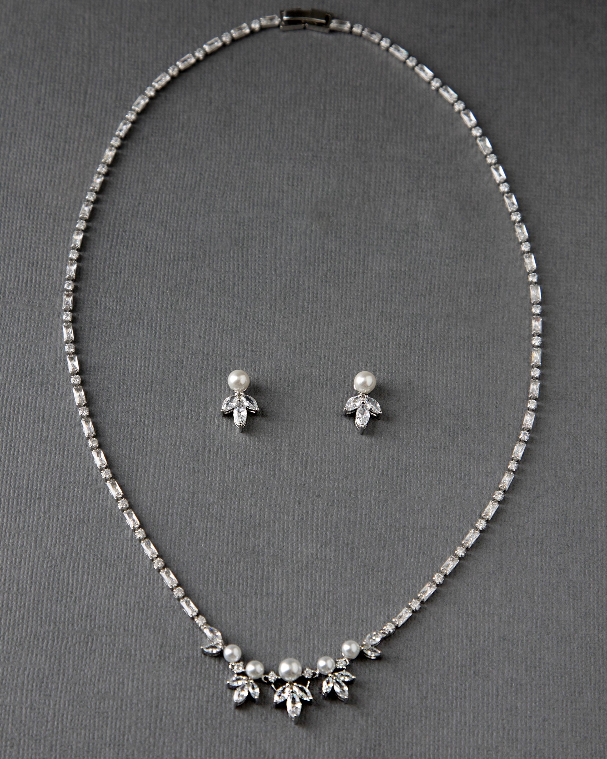 Bridal Necklace Set of Baguette CZ and Pearls