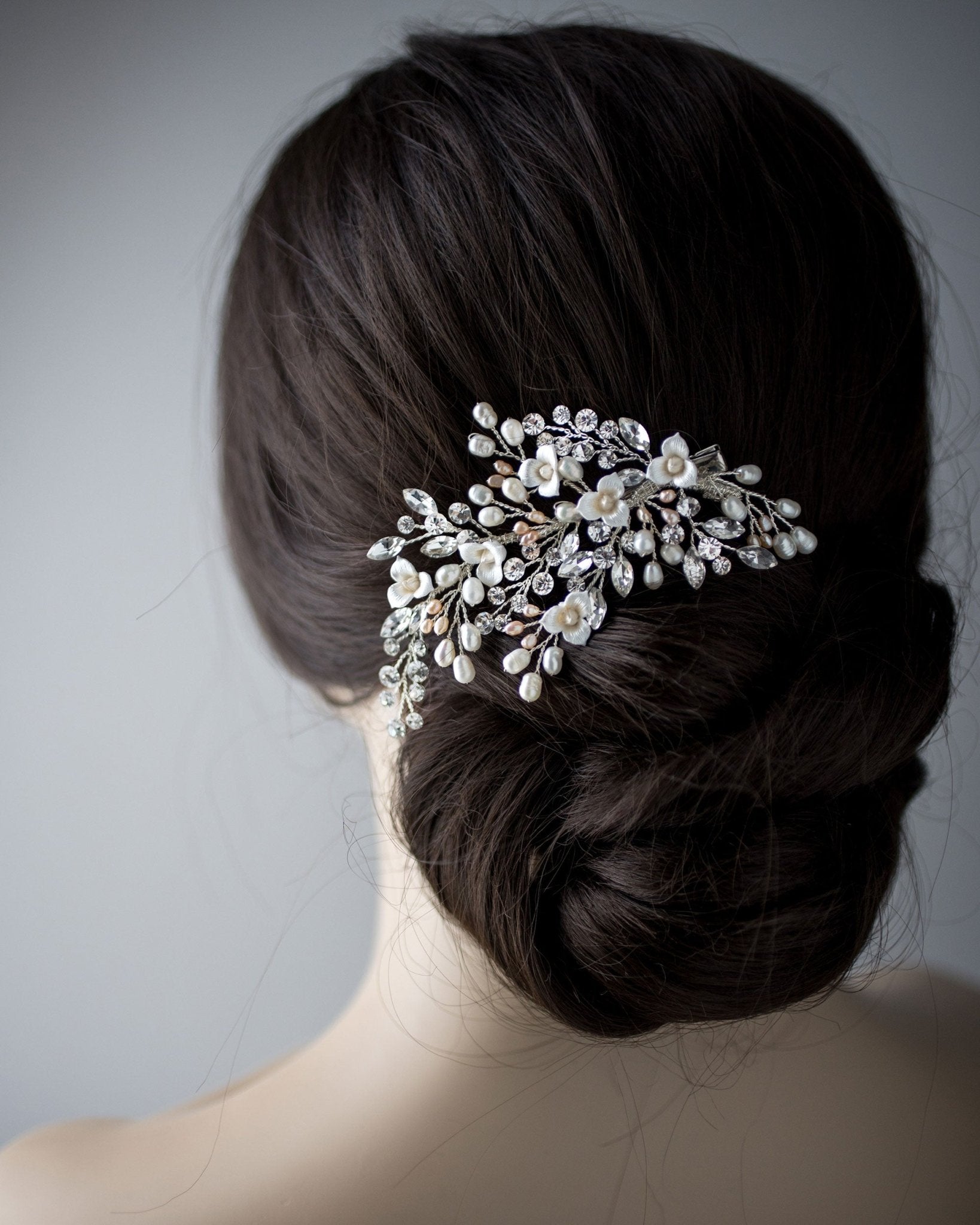 Dainty Porcelain Luster Flower and Freshwater Pearl Clip - Hair Clips - Cassandra Lynne