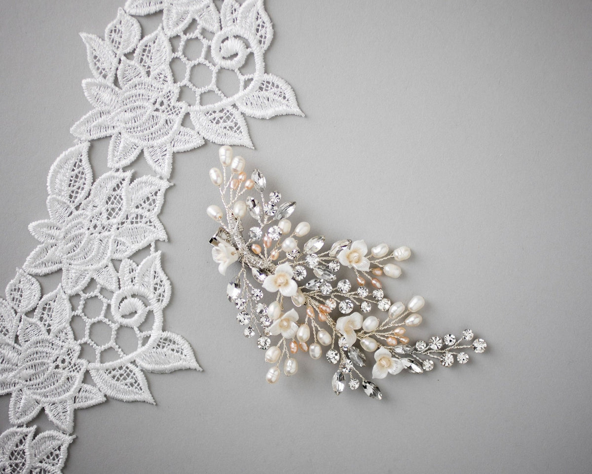 Dainty Porcelain Luster Flower and Freshwater Pearl Clip - Hair Clips - Cassandra Lynne
