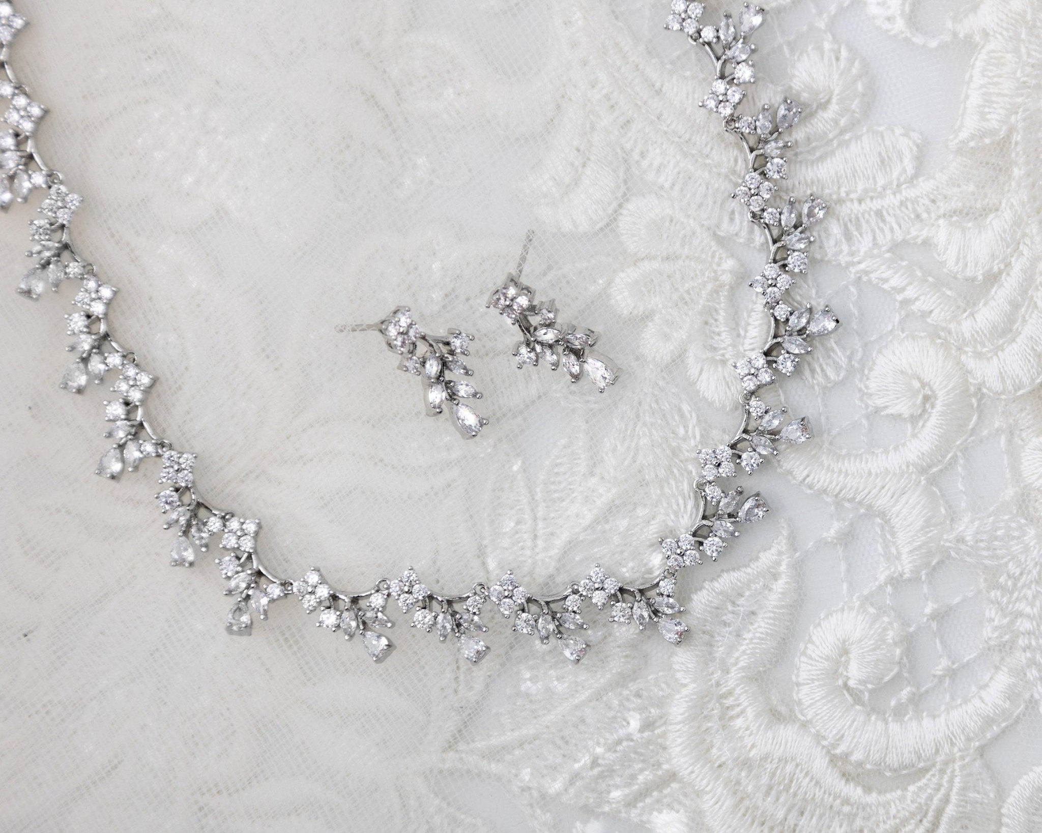 Delicate Floral Links CZ Bridal Necklace Set - Necklace Set - Cassandra Lynne
