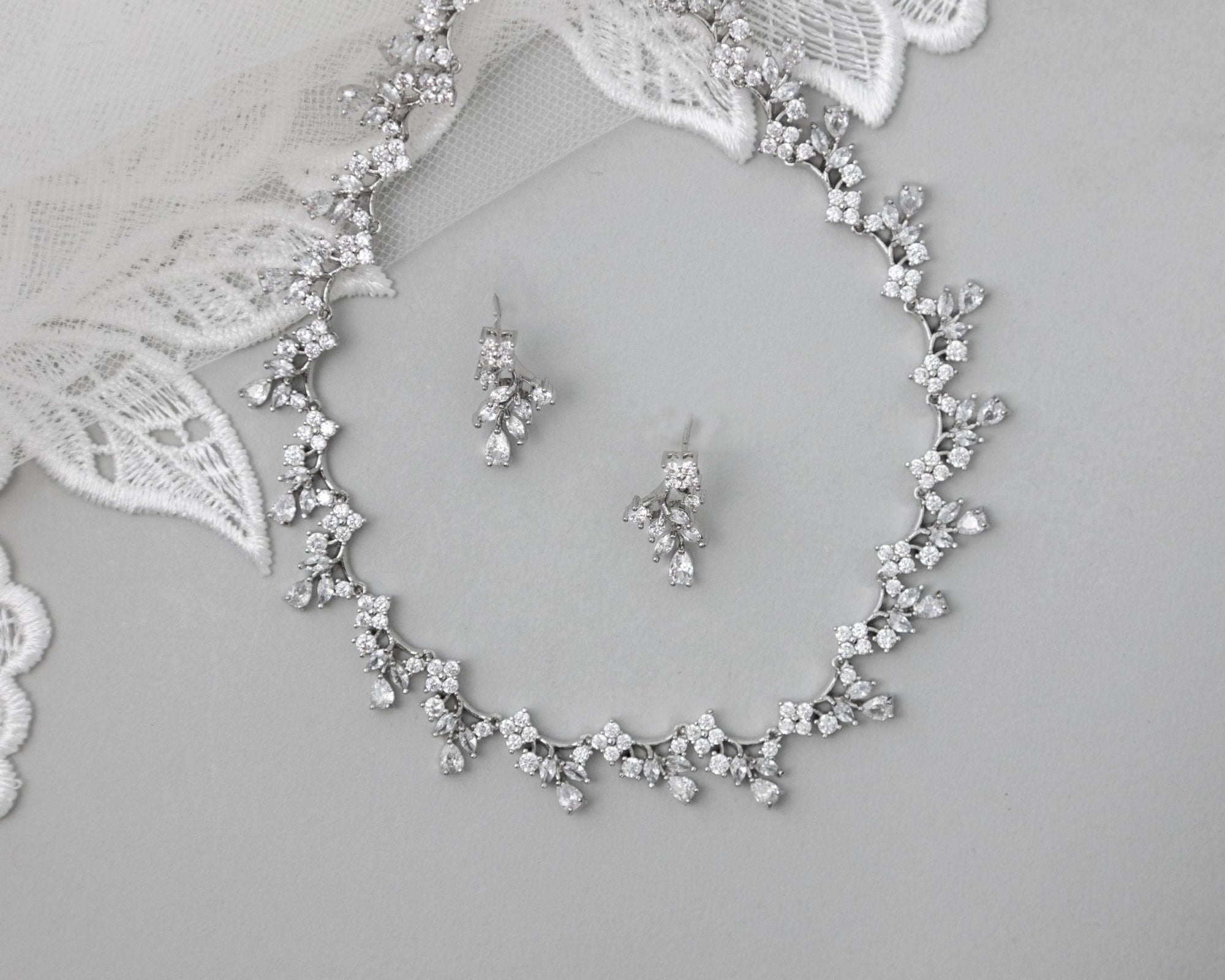 Delicate Floral Links CZ Bridal Necklace Set - Necklace Set - Cassandra Lynne