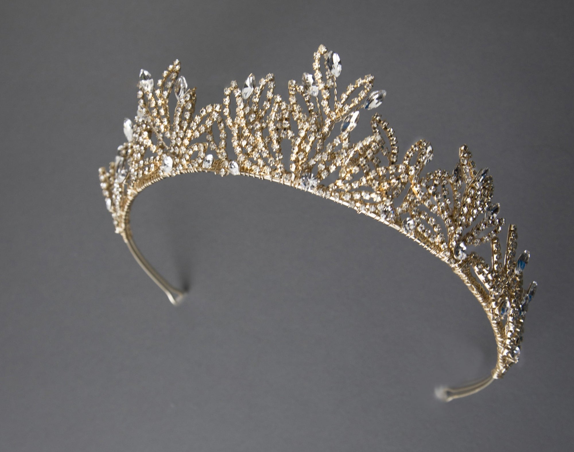 Bridal Tiara of Open Crystal Leaves Gold