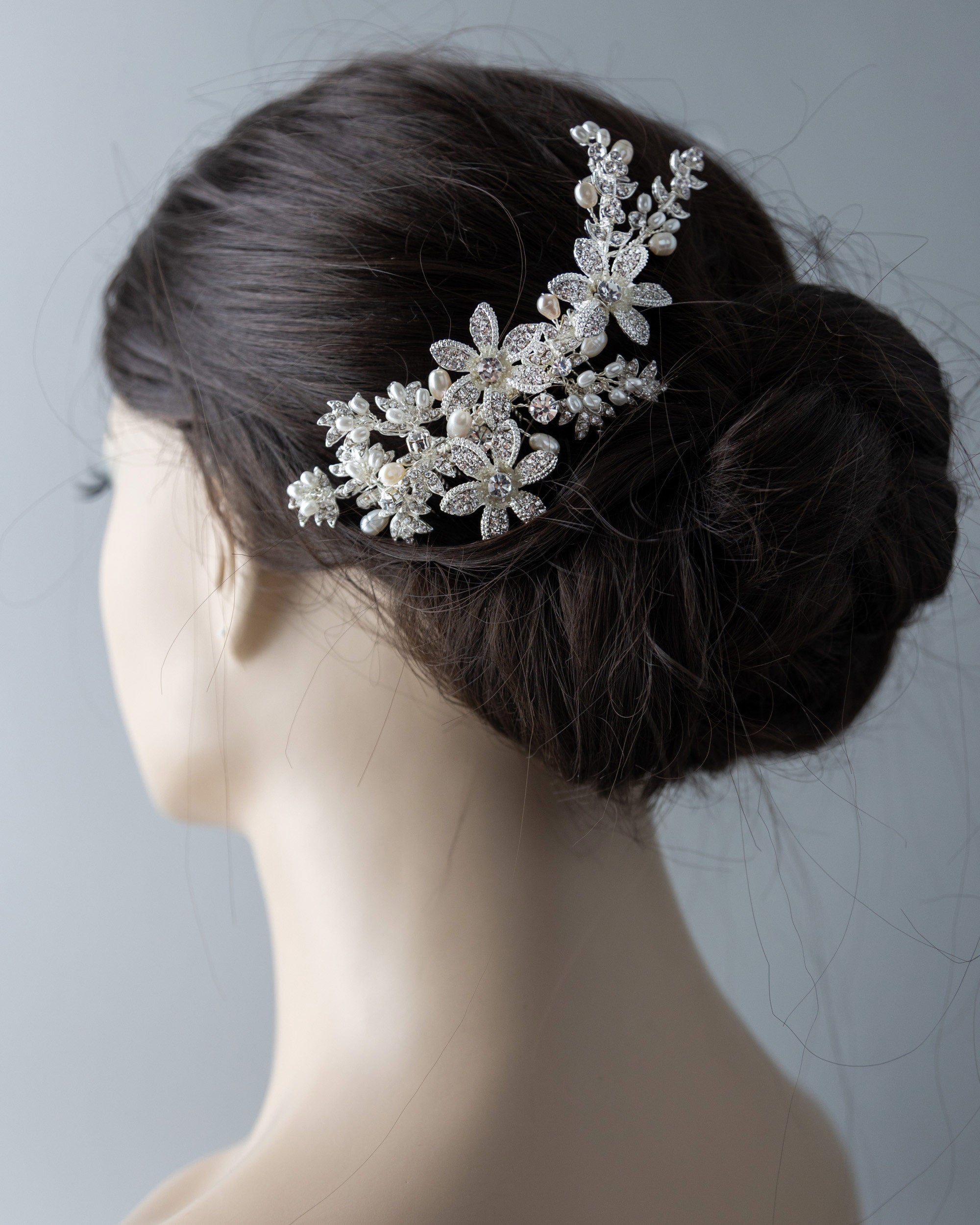 Silver Flower and Pearl Bridal Comb