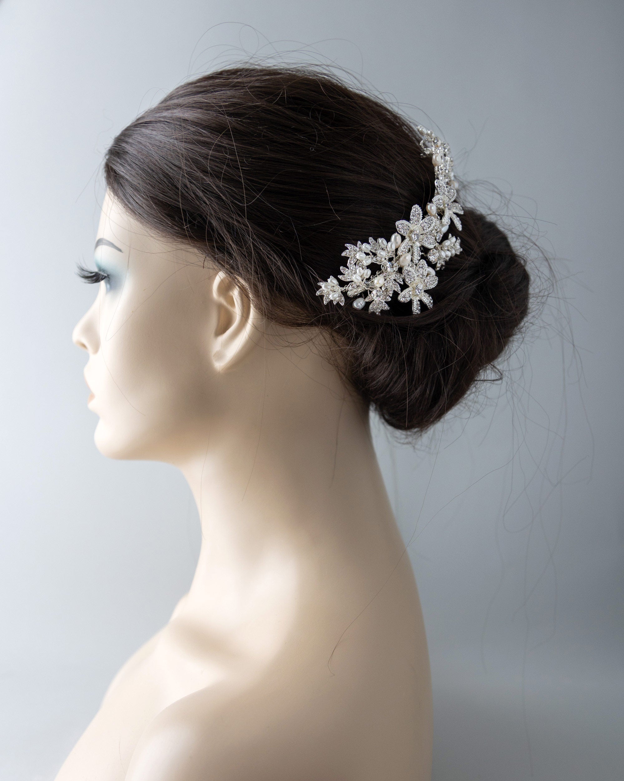 Silver Flower and Pearl Bridal Comb