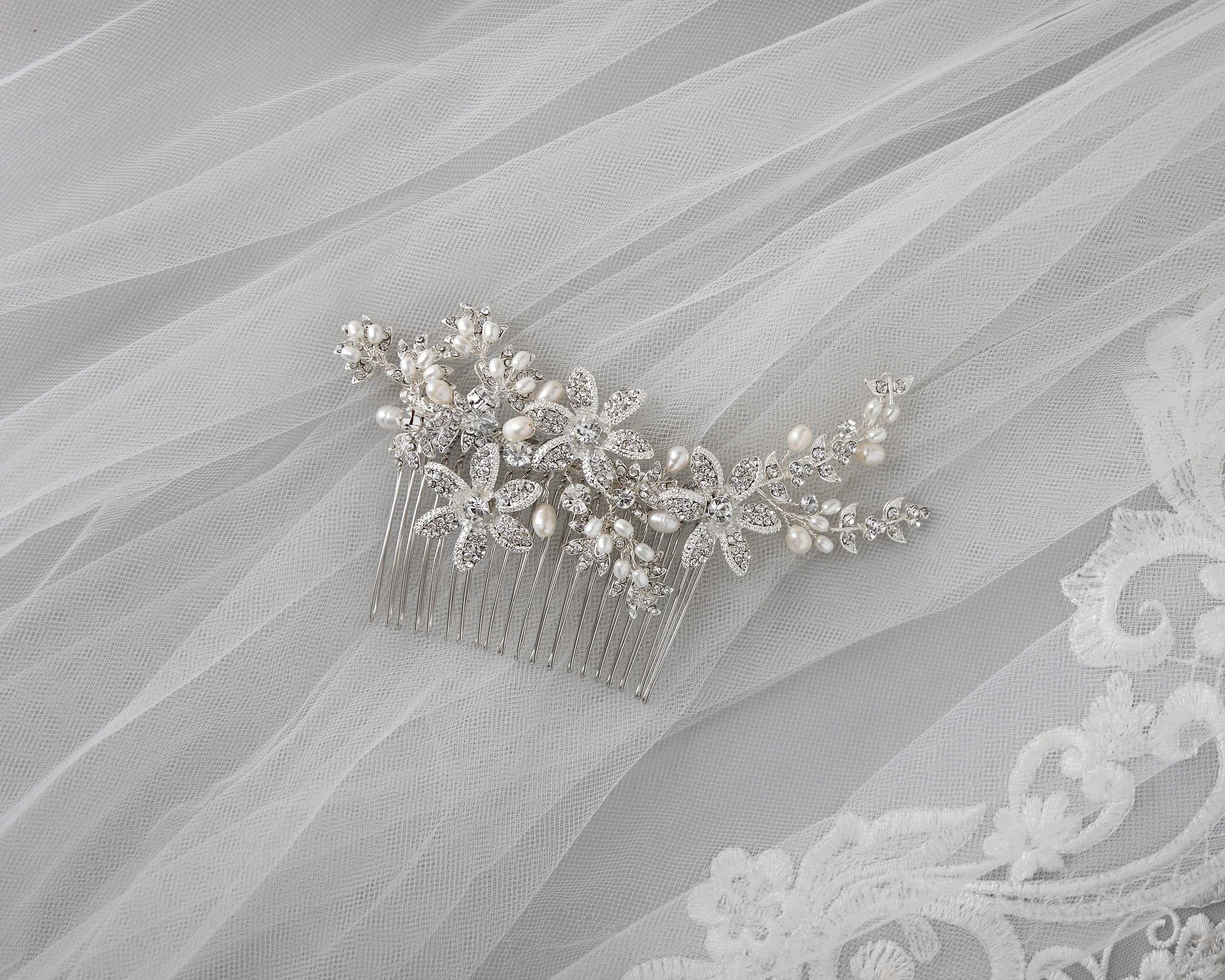 Silver Flower and Pearl Bridal Comb