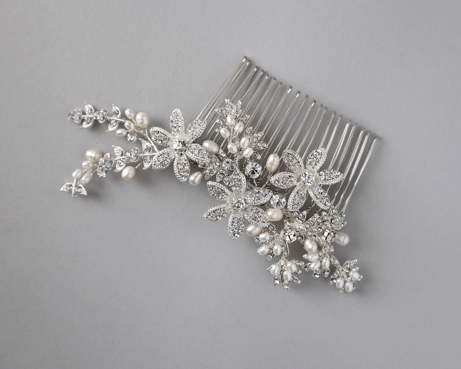 Silver Flower and Pearl Bridal Comb