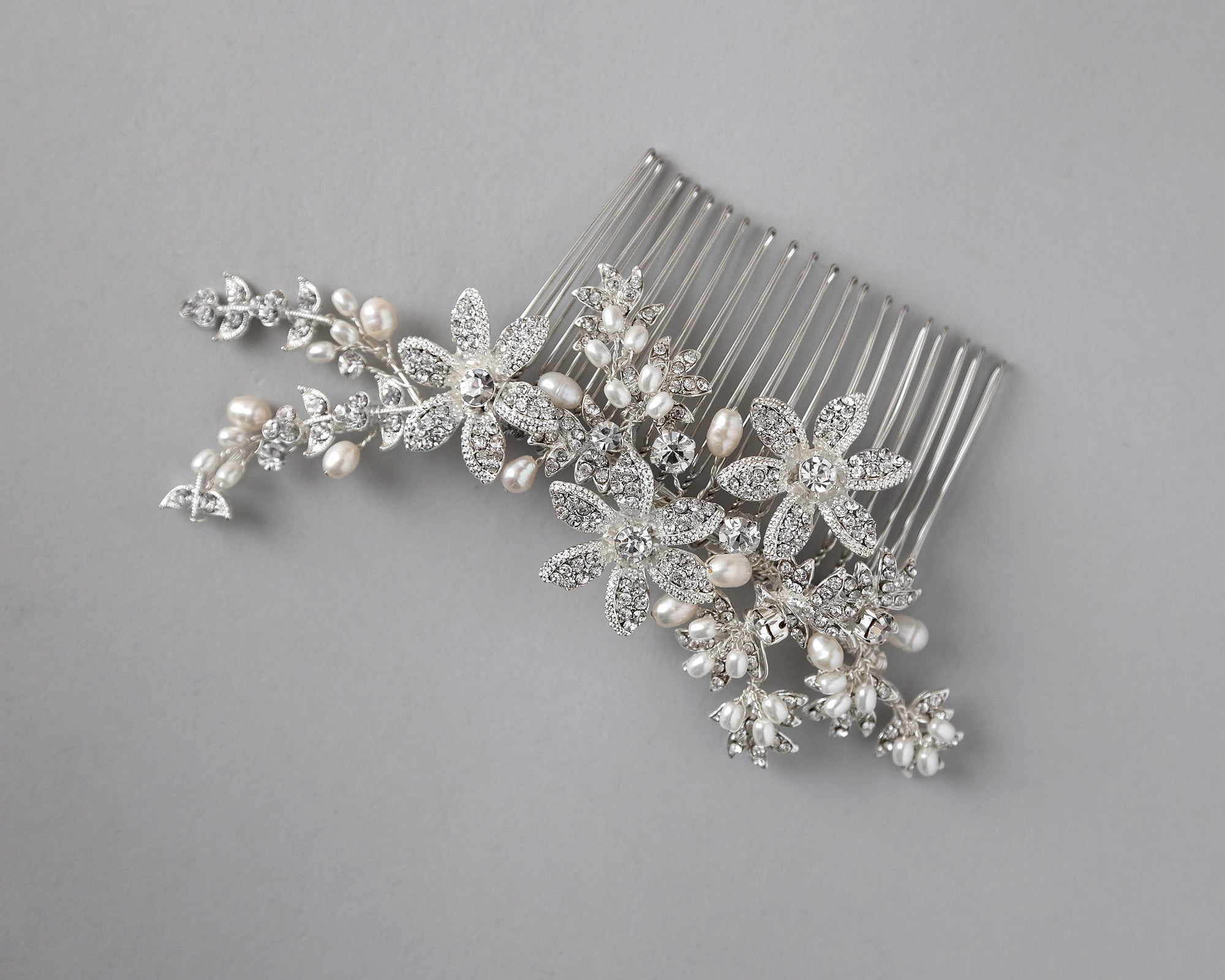 Silver Flower and Pearl Bridal Comb