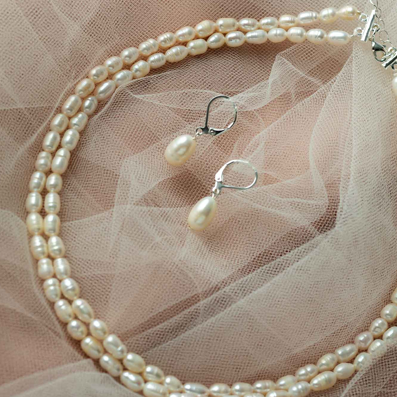 Freshwater Pearl Wedding Necklace Set in Silver - Cassandra Lynne- Jewelry Set