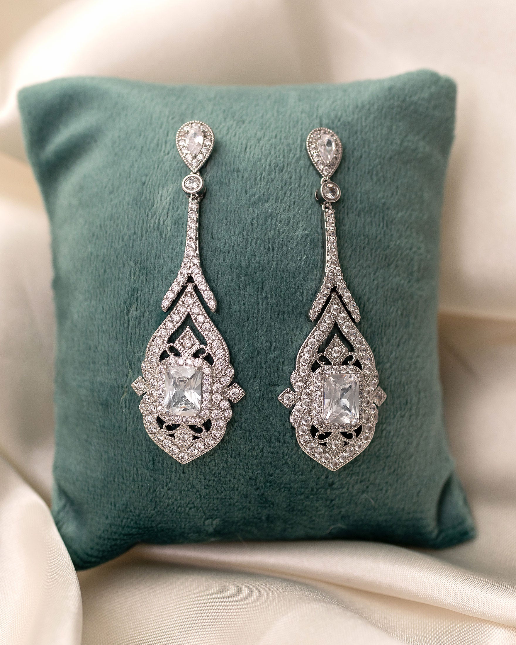 Bridal Earrings Vintage Emerald CZ Silver- Cassandra Lynne