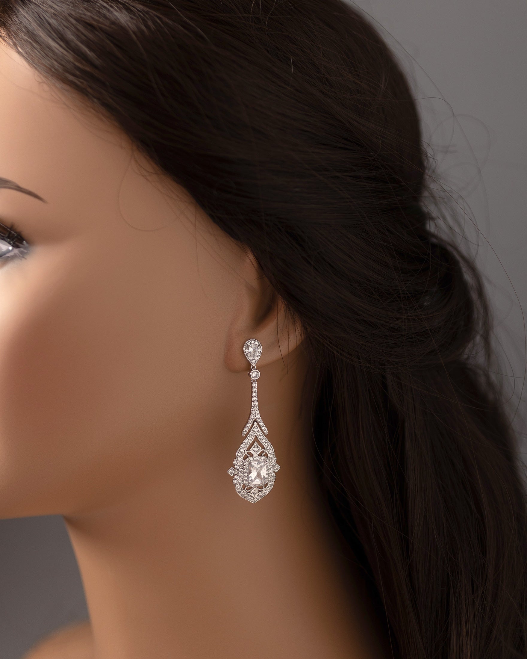 Bridal Earrings Vintage Emerald CZ Silver- Cassandra Lynne