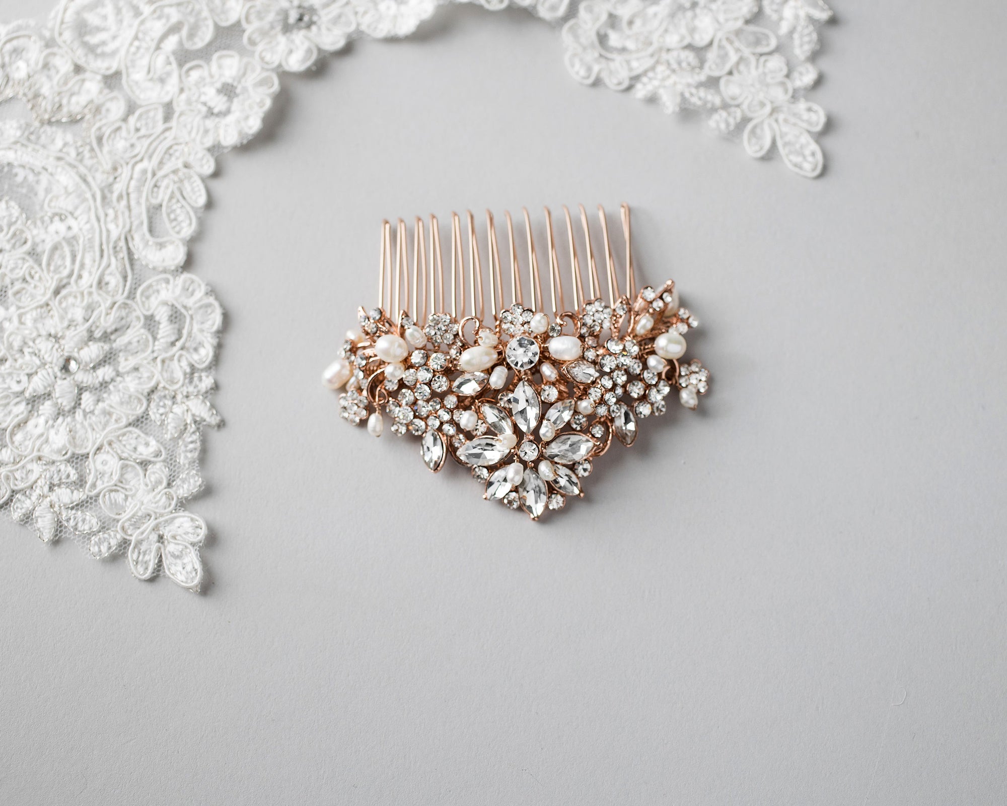 Elegant Bridal Comb with Freshwater Pearls Rose Gold Cassandra Lynne