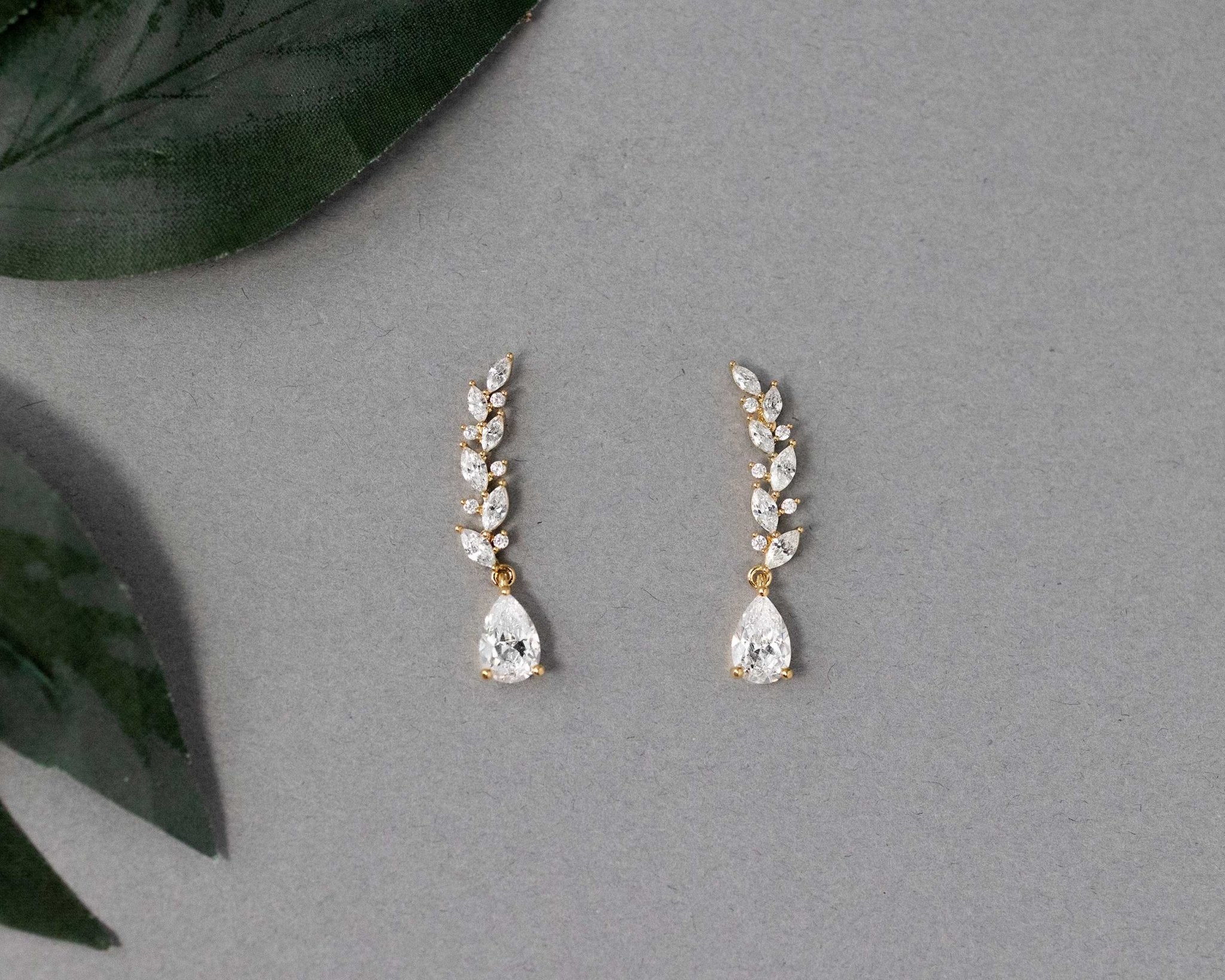 Feather Vine Teardrop CZ Wedding Earrings - Earrings - Cassandra Lynne