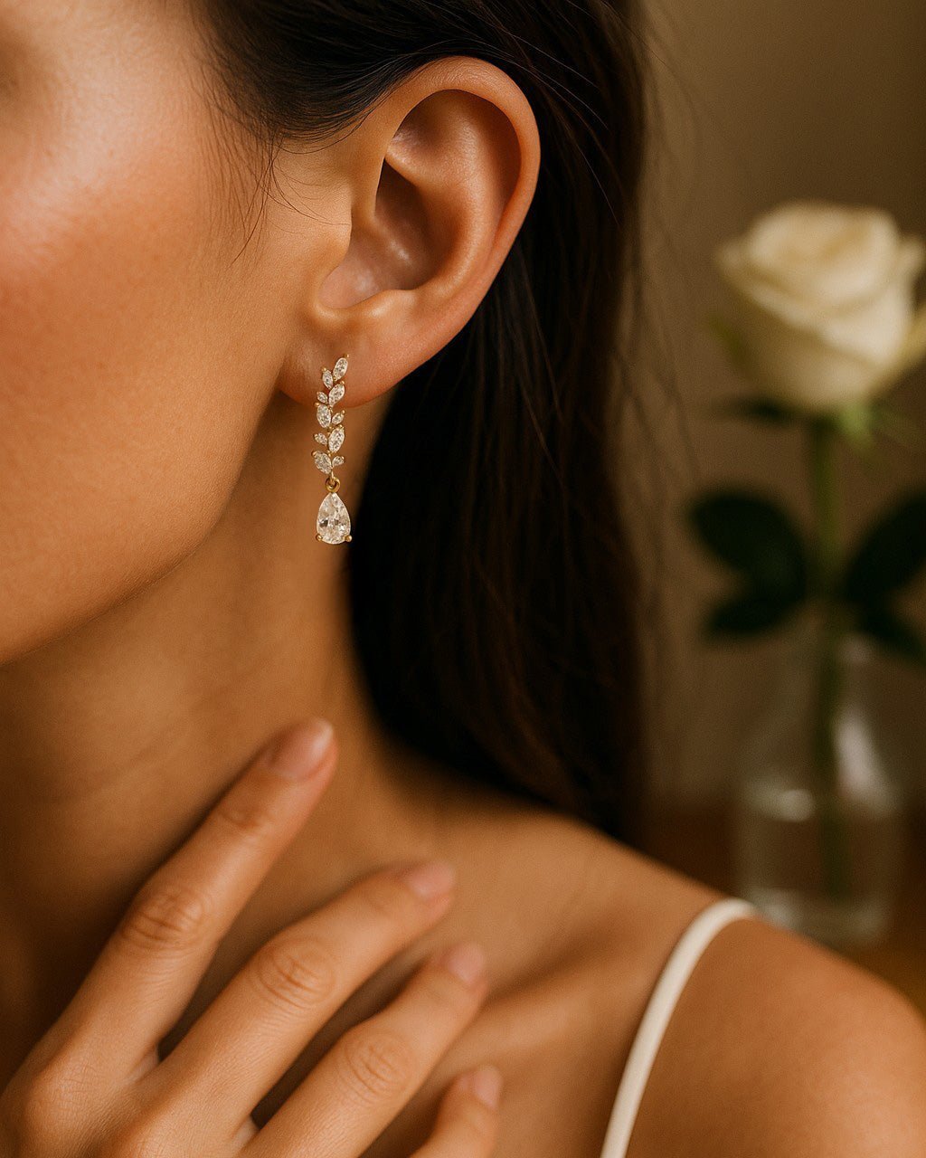 Feather Vine Teardrop CZ Wedding Earrings - Earrings - Cassandra Lynne