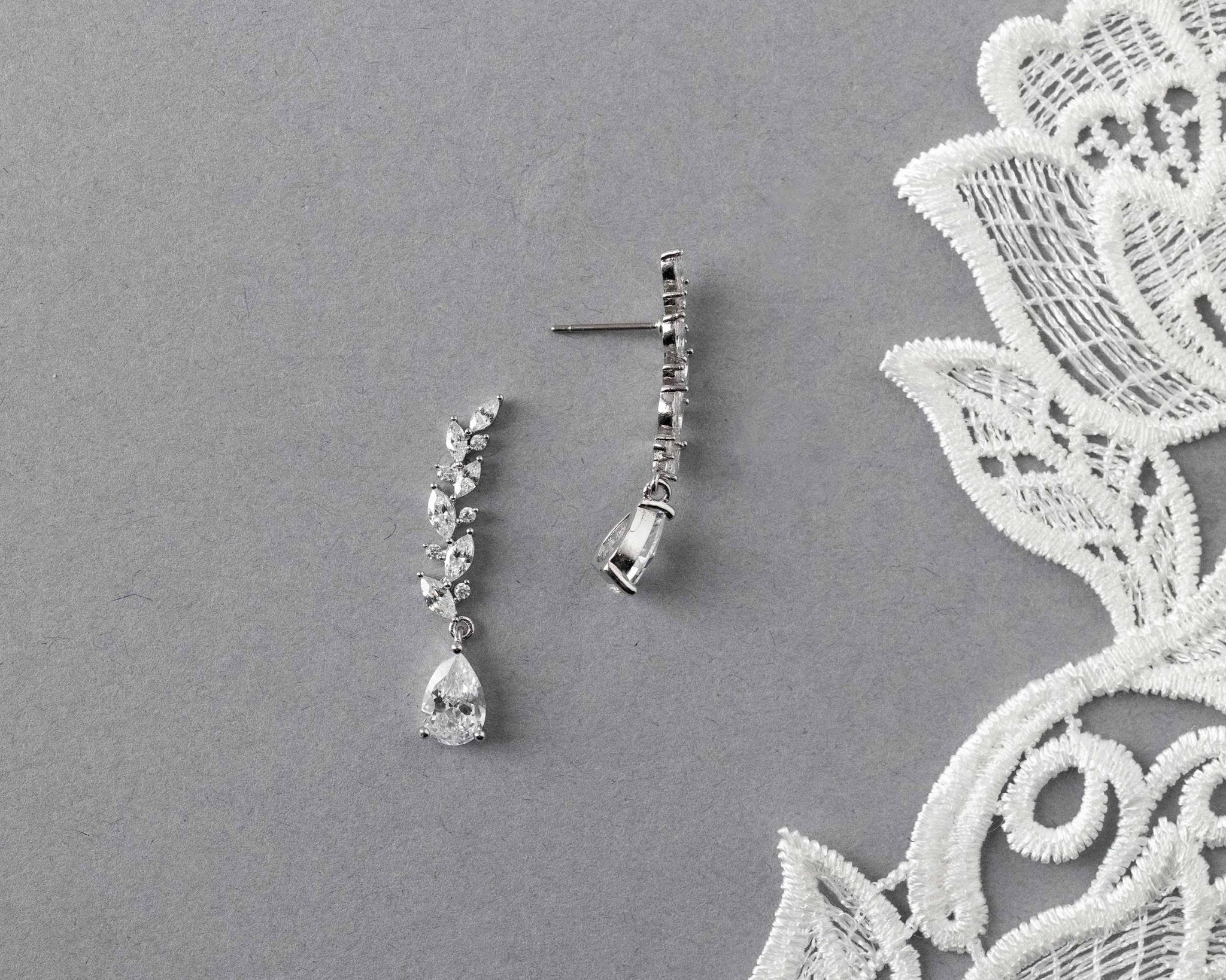 Feather Vine Teardrop CZ Wedding Earrings - Earrings - Cassandra Lynne
