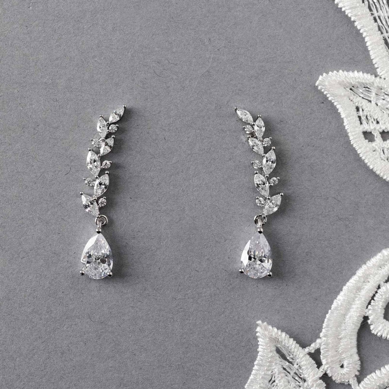 Feather Vine Teardrop CZ Wedding Earrings - Earrings - Cassandra Lynne