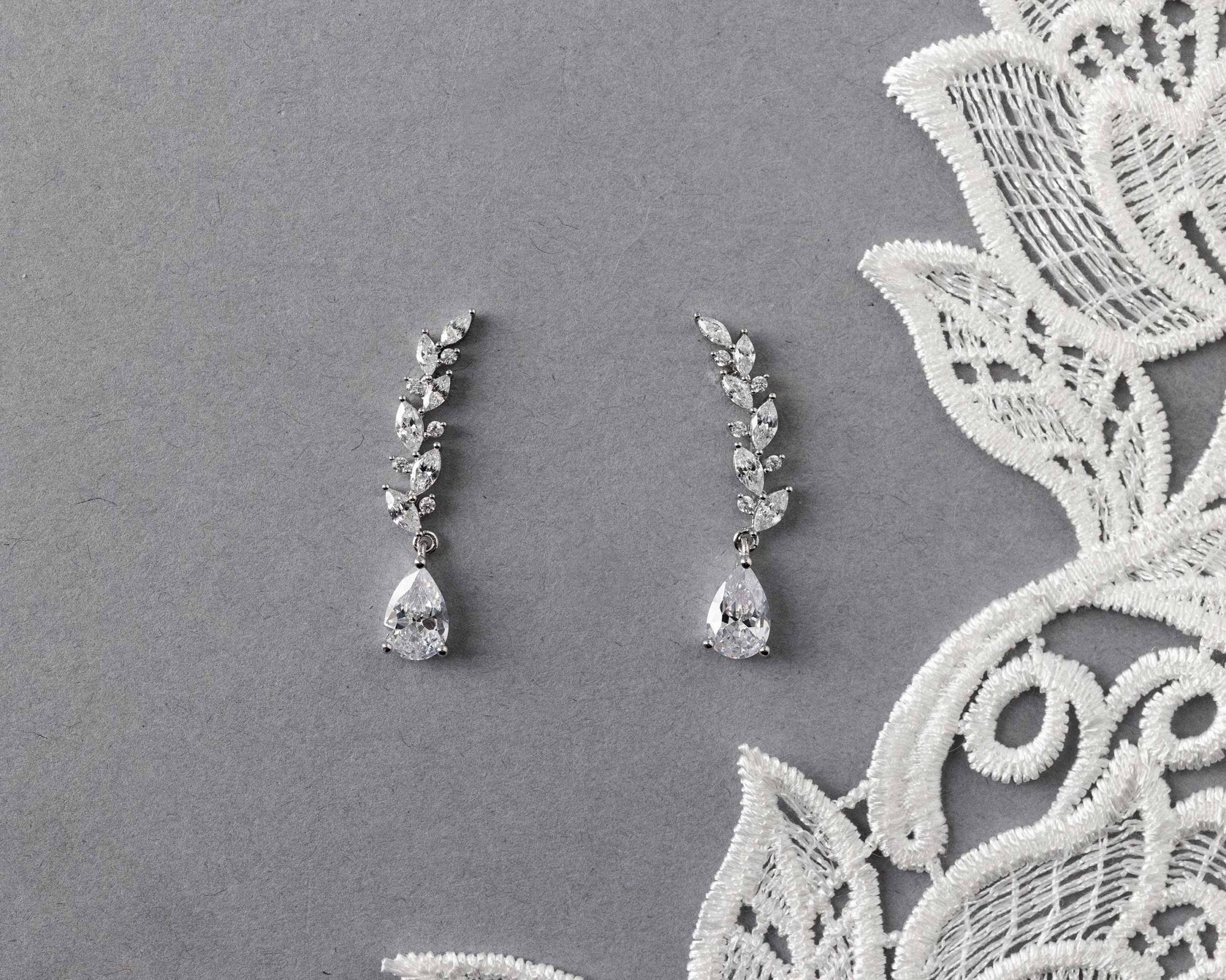 Feather Vine Teardrop CZ Wedding Earrings - Earrings - Cassandra Lynne