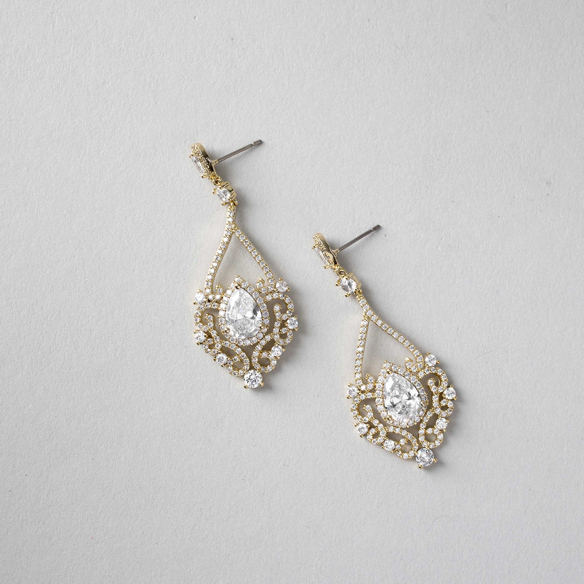 Filigree Wedding Earrings with Pear CZ- Cassandra Lynne