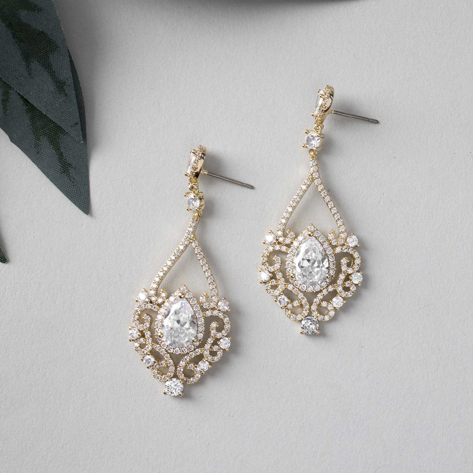 Filigree Wedding Earrings with Pear CZ - Earrings - Cassandra Lynne