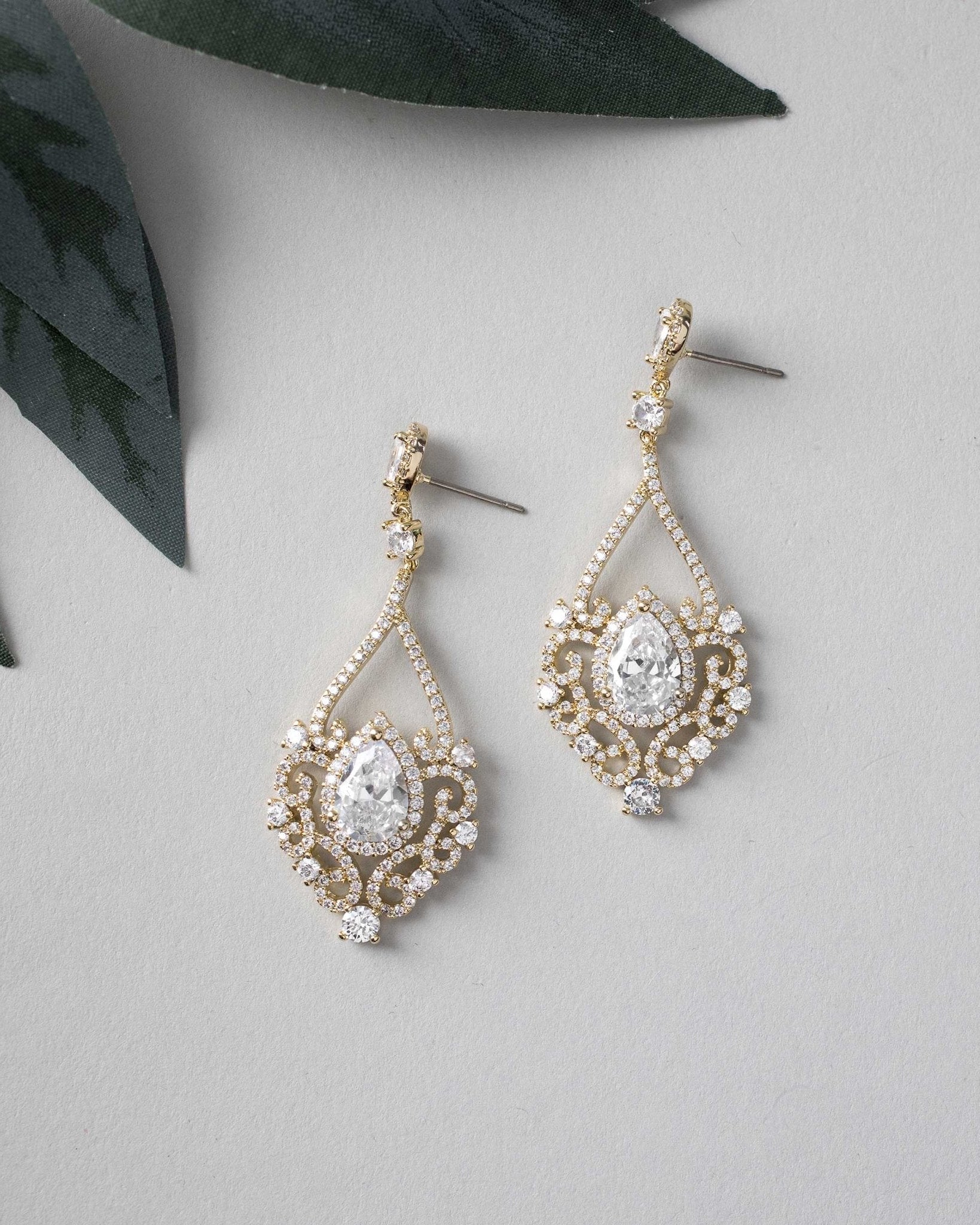 Filigree Wedding Earrings with Pear CZ - Earrings - Cassandra Lynne