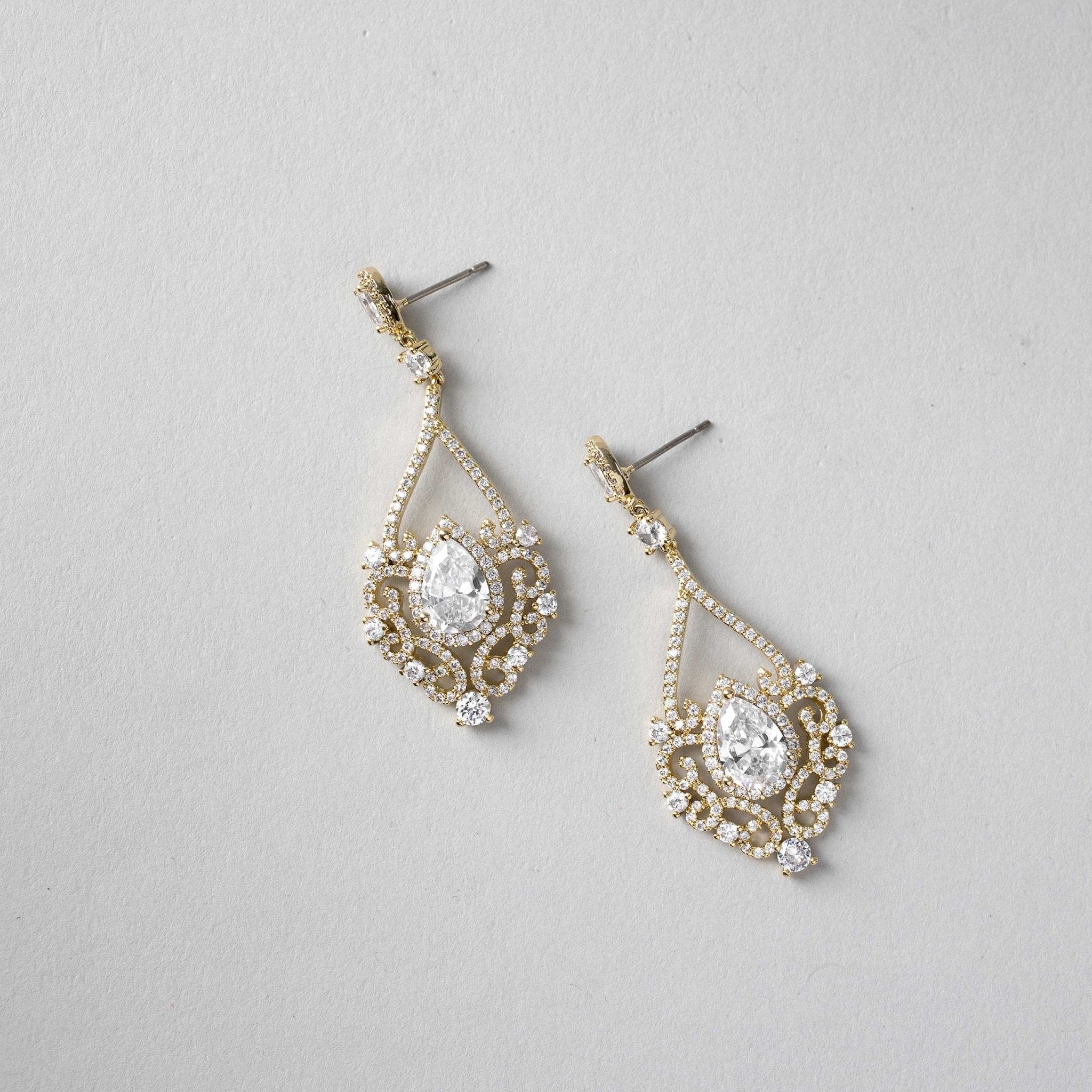 Filigree Wedding Earrings with Pear CZ - Earrings - Cassandra Lynne