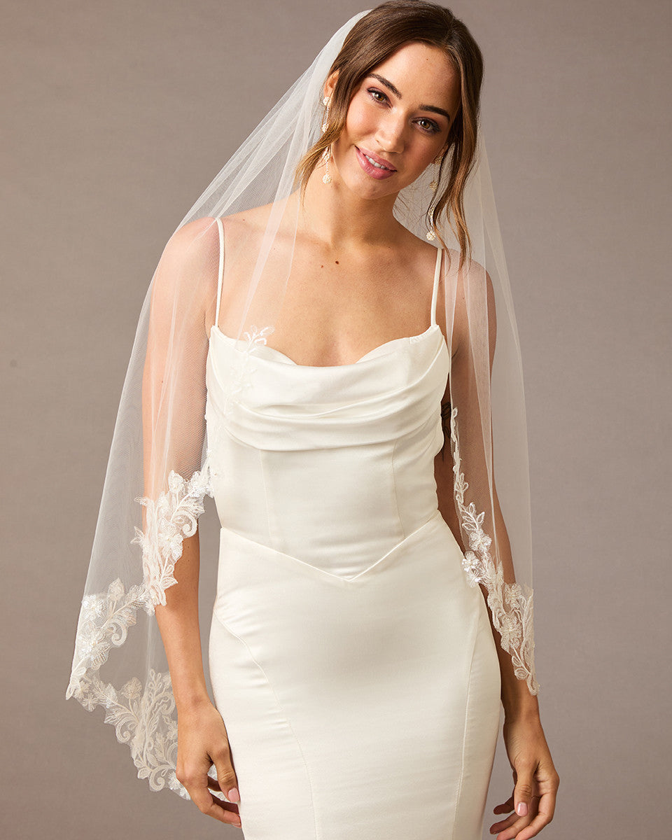 Fingertip Bridal Veil with Sequins, Pearls, and Lace - Cassandra Lynne