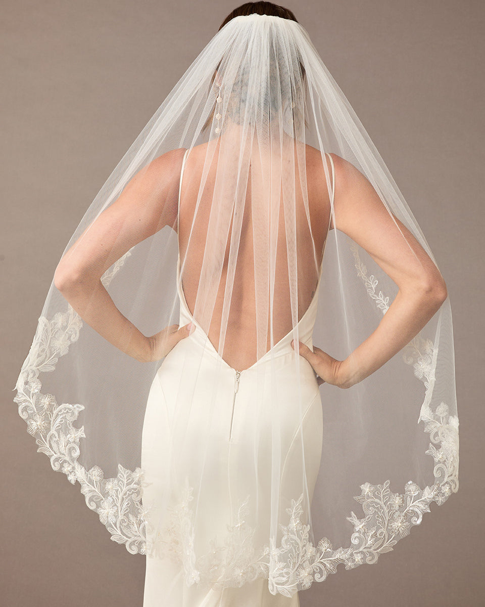 Fingertip Bridal Veil with Sequins, Pearls, and Lace - Cassandra Lynne