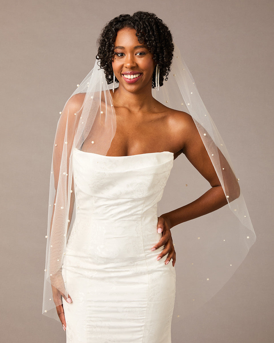 Pearl Scattered Fingertip Bridal Veil Ivory - Cassandra Lynne