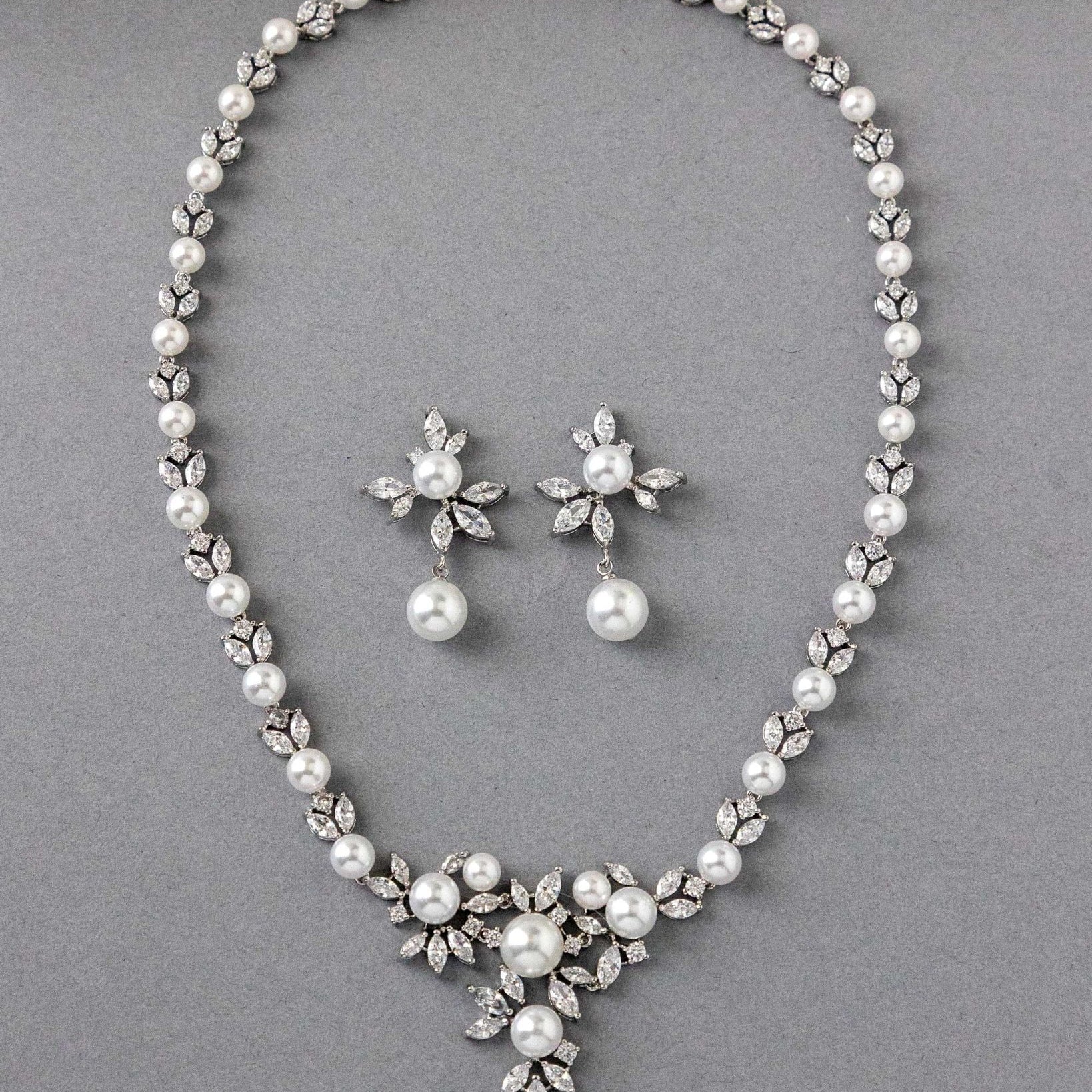 Floral Bridal Necklace Set with Pearls - Necklace Set - Cassandra Lynne