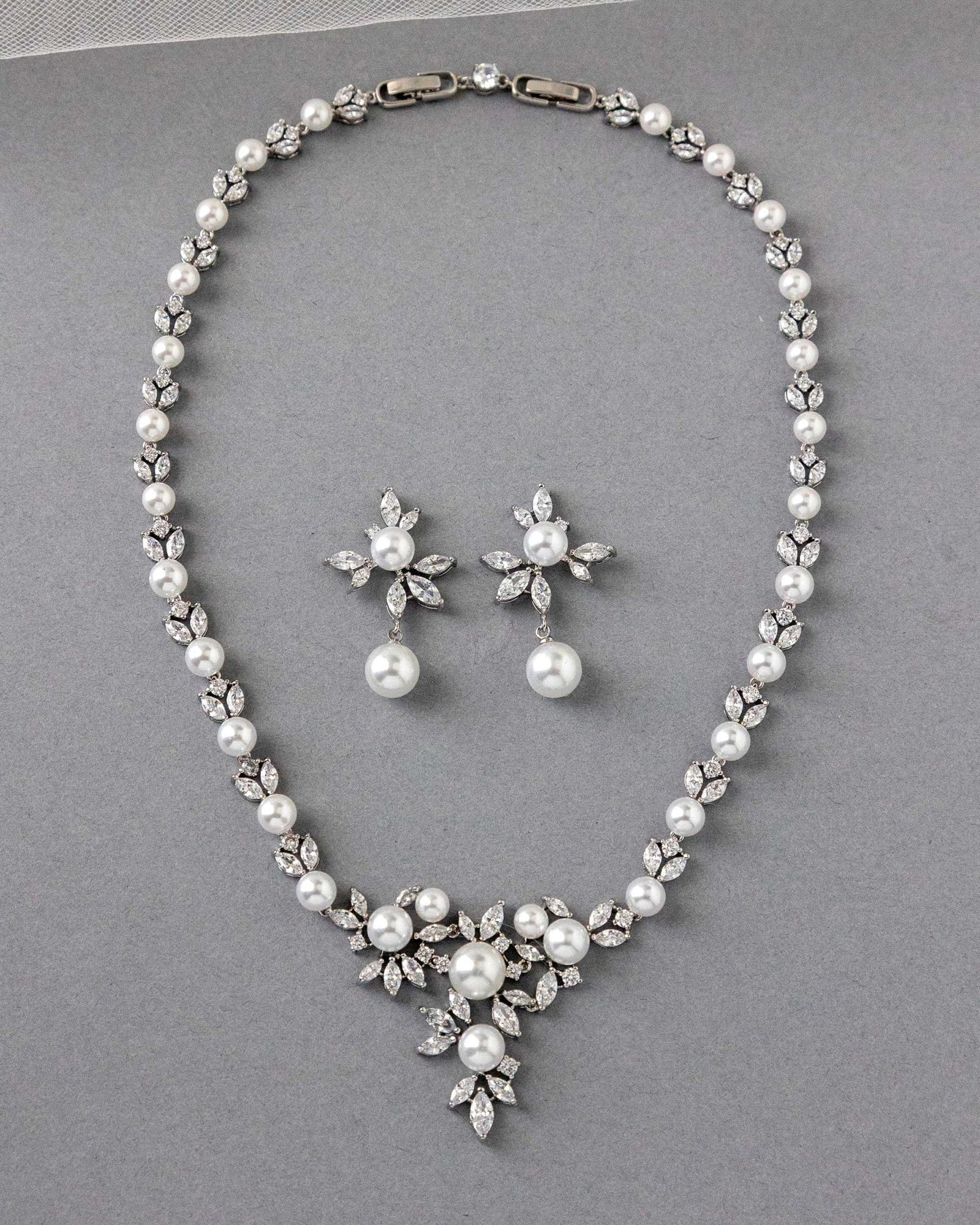 Floral Bridal Necklace Set with Pearls - Necklace Set - Cassandra Lynne