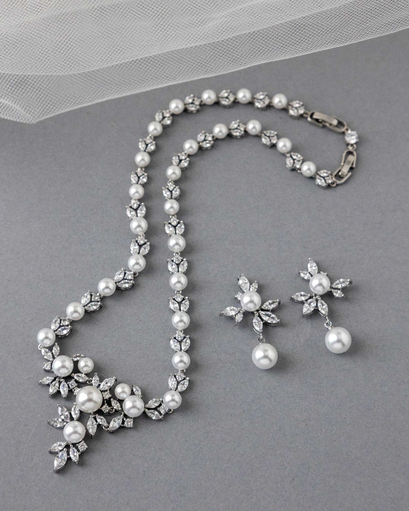 Floral Bridal Necklace Set with Pearls - Necklace Set - Cassandra Lynne