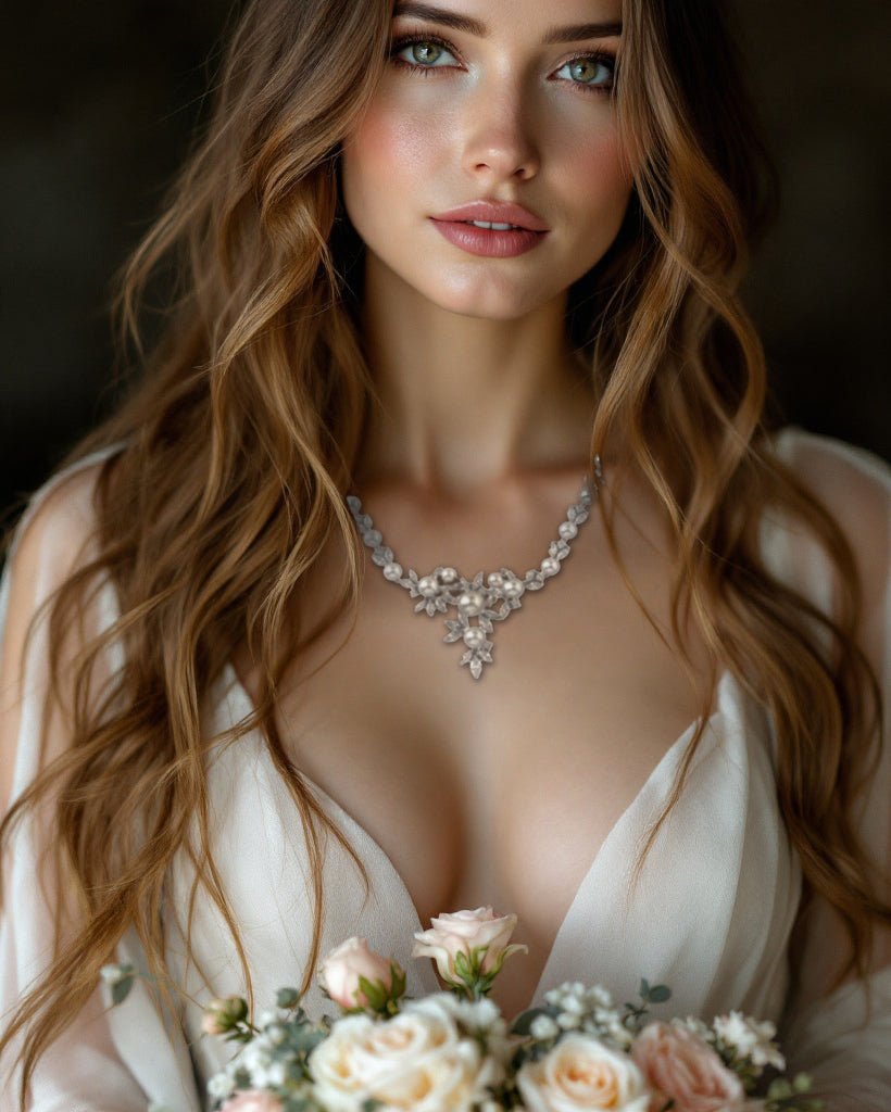 Floral Bridal Necklace Set with Pearls - Necklace Set - Cassandra Lynne