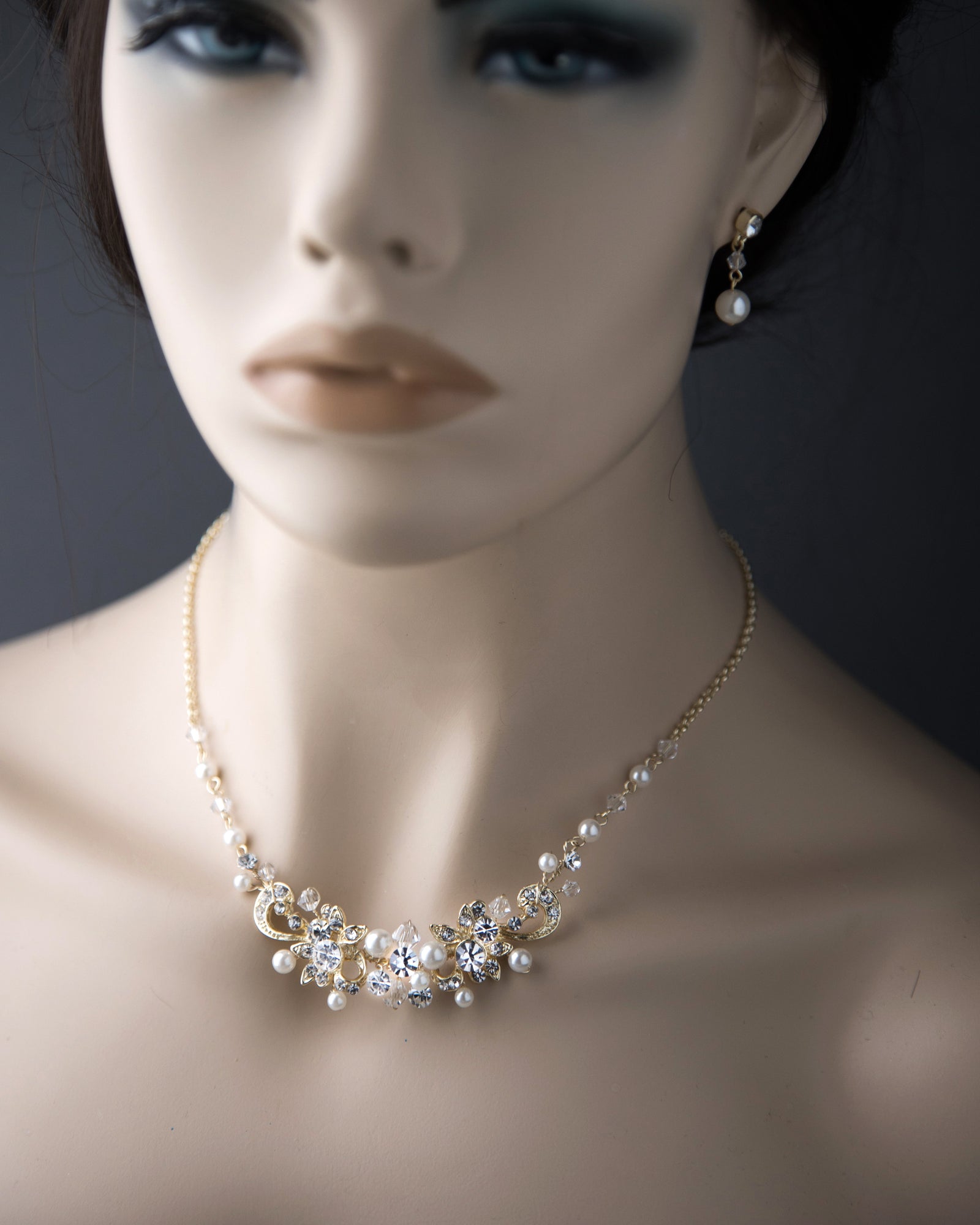 Bridal Necklace Set Of Floral Crystals and Ivory Pearls - Cassandra Lynne