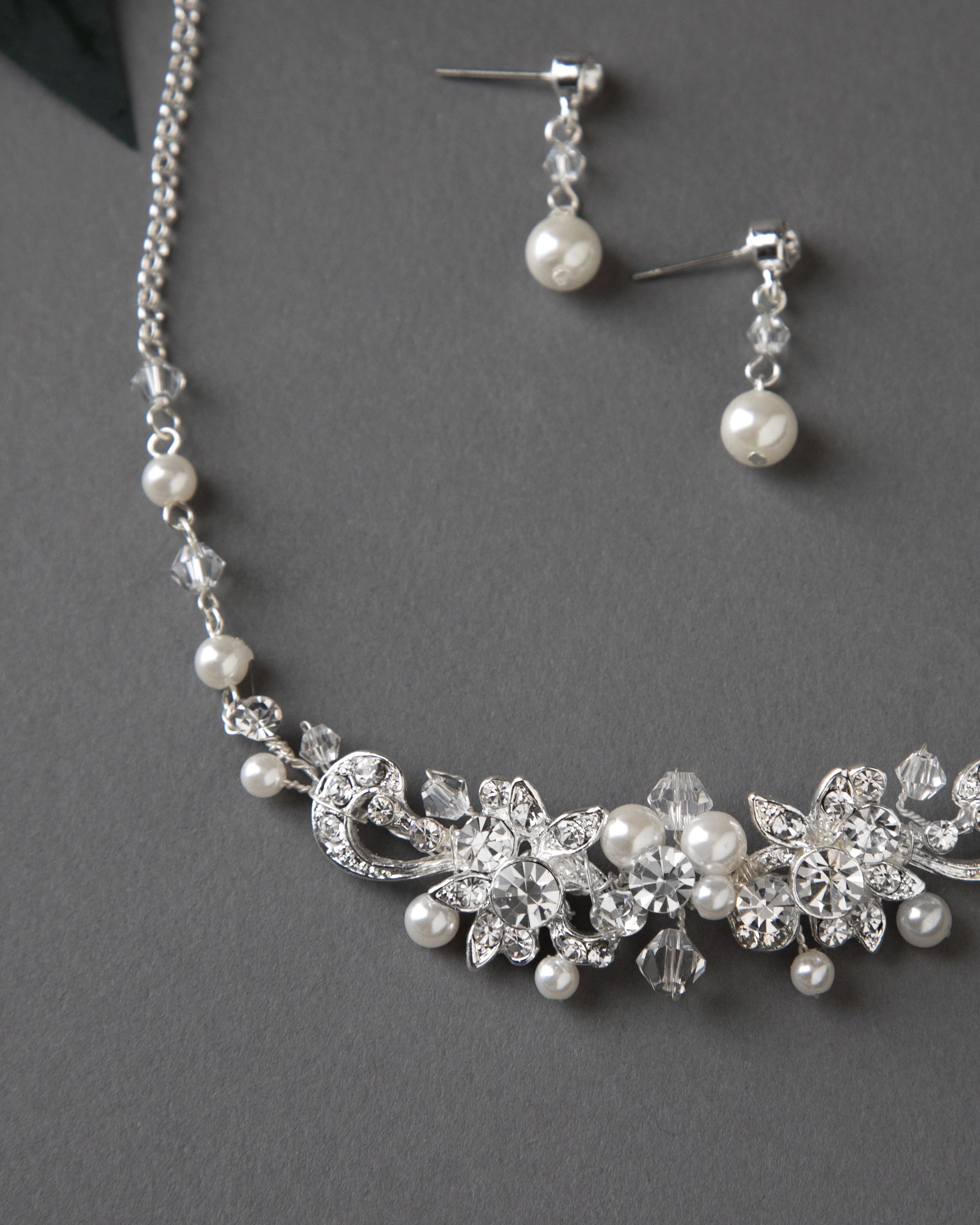 Bridal Necklace Set Of Floral Crystals and Ivory Pearls