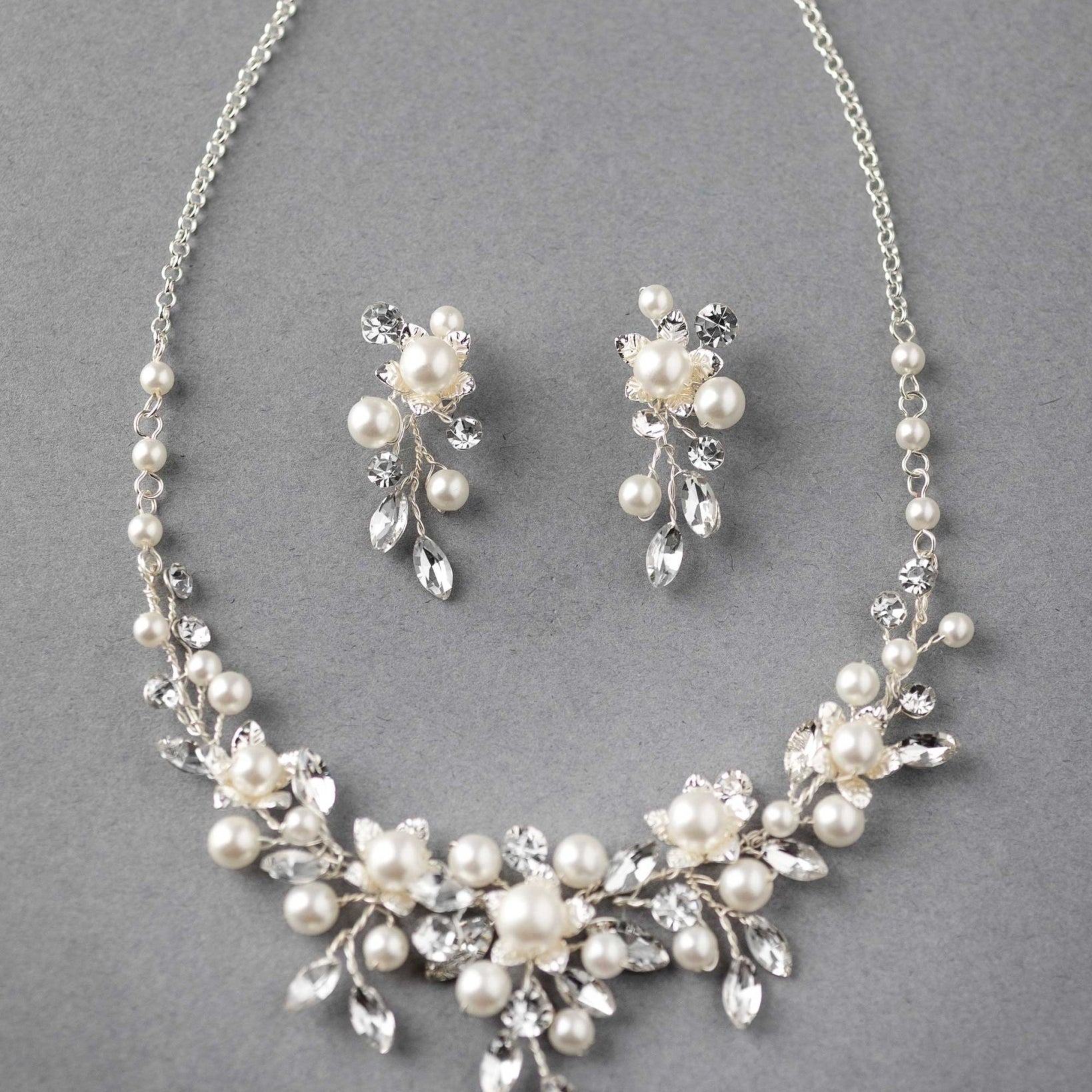 Flowers and Pearls Bridal Necklace and Earrings - Necklace Set - Cassandra Lynne